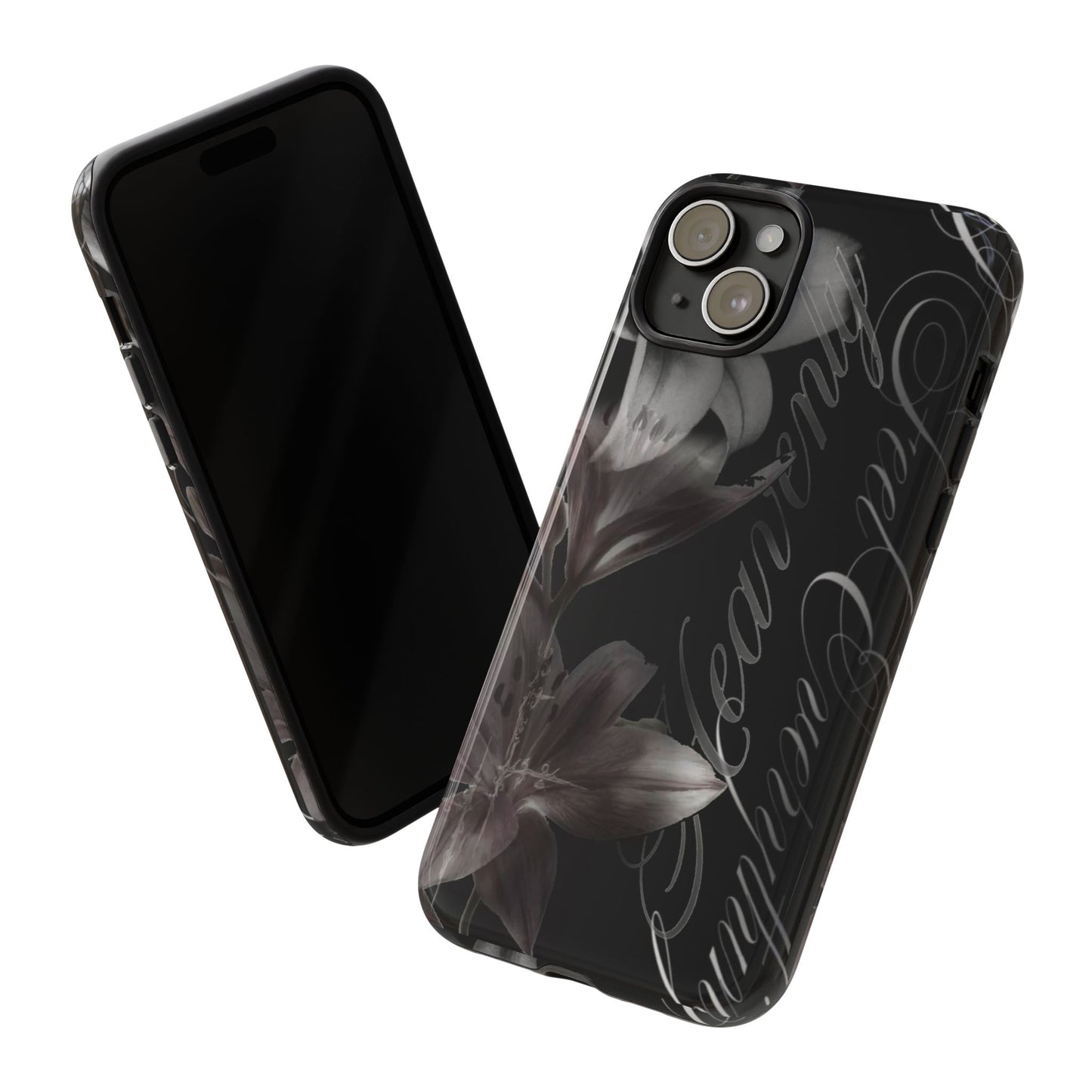 Floral Script Tough Phone Case – Black Lily Protective Cover