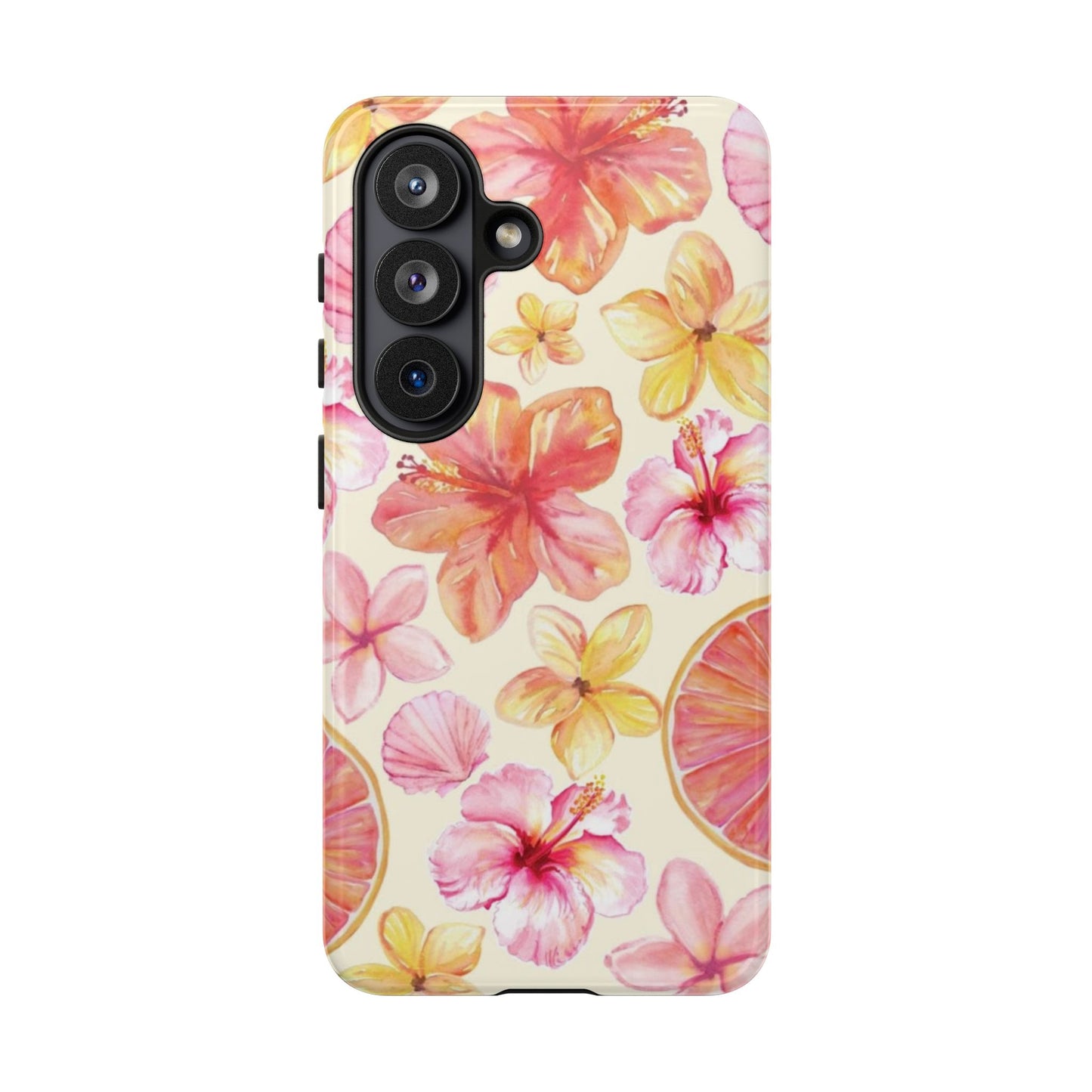 Tropical Hibiscus Tough Phone Case – Watercolor Floral & Citrus Protective Cover