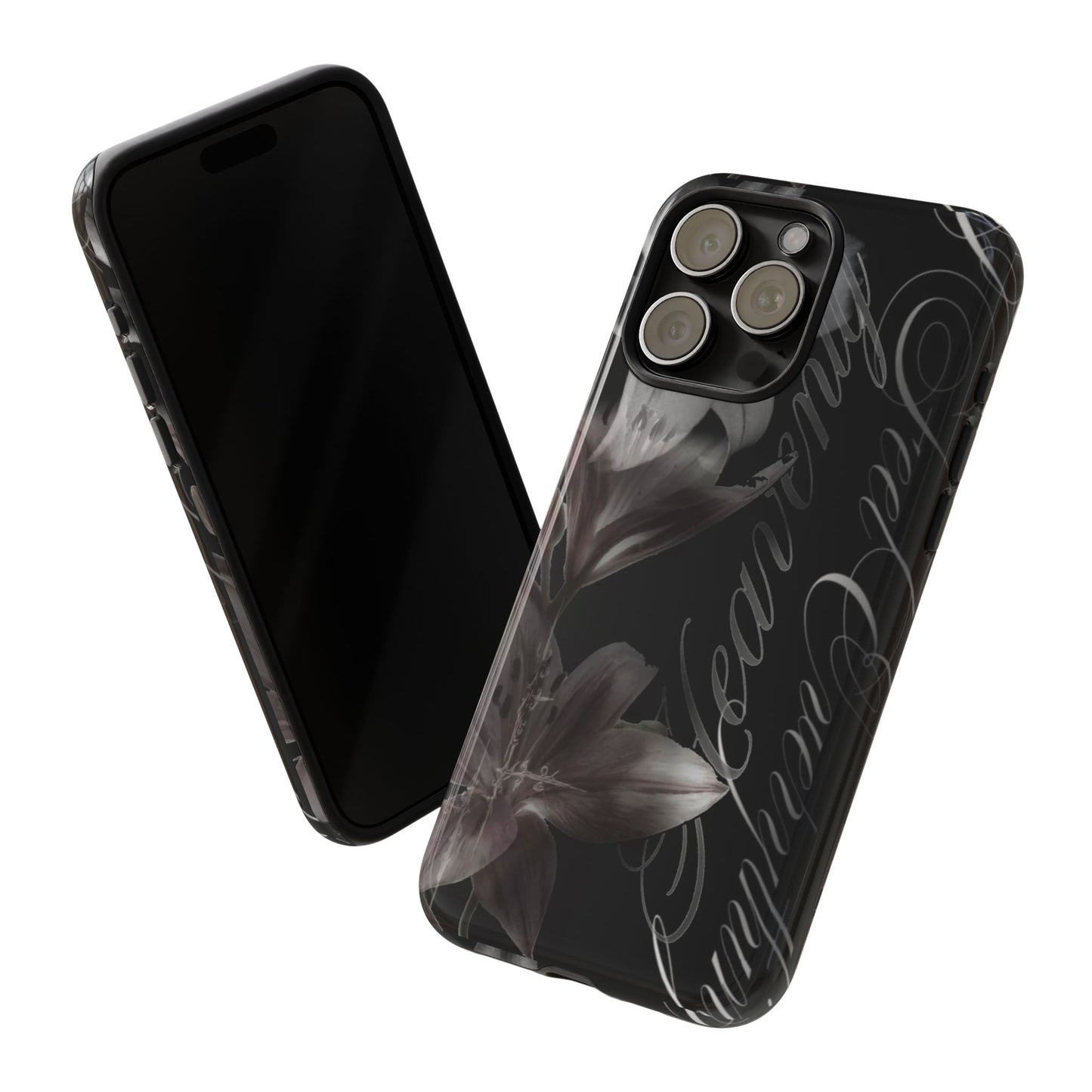 Floral Script Tough Phone Case – Black Lily Protective Cover