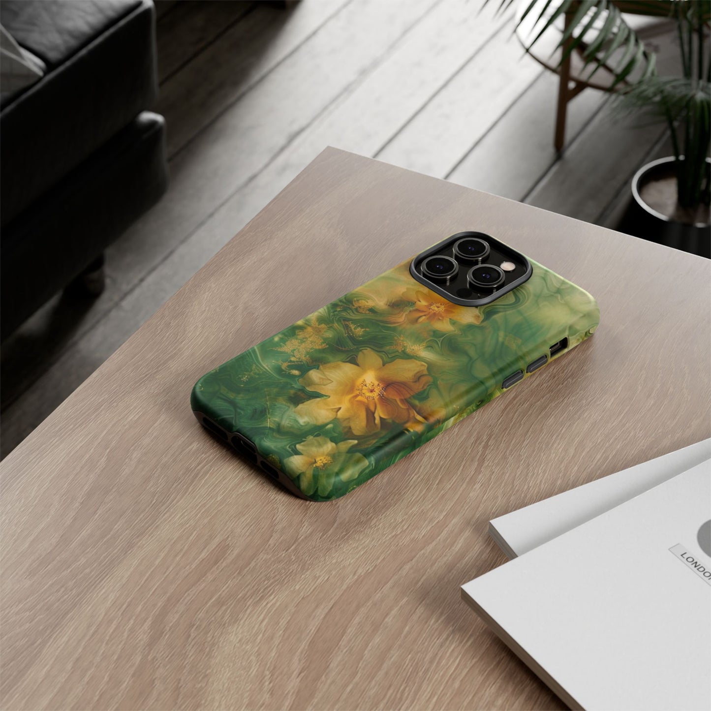 Floral Swirl Phone Case — Green & Gold Vintage Flower Design