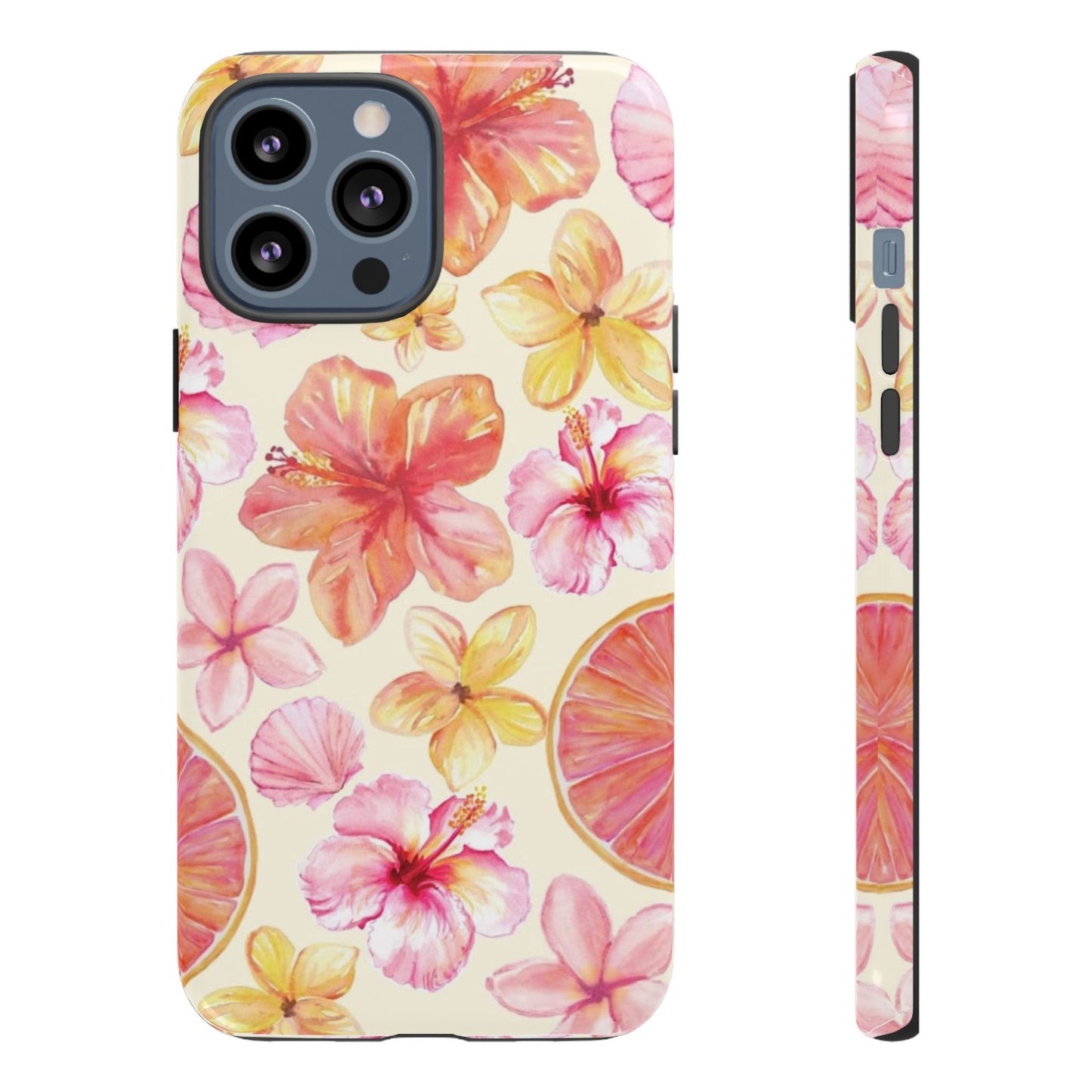 Tropical Hibiscus Tough Phone Case – Watercolor Floral & Citrus Protective Cover