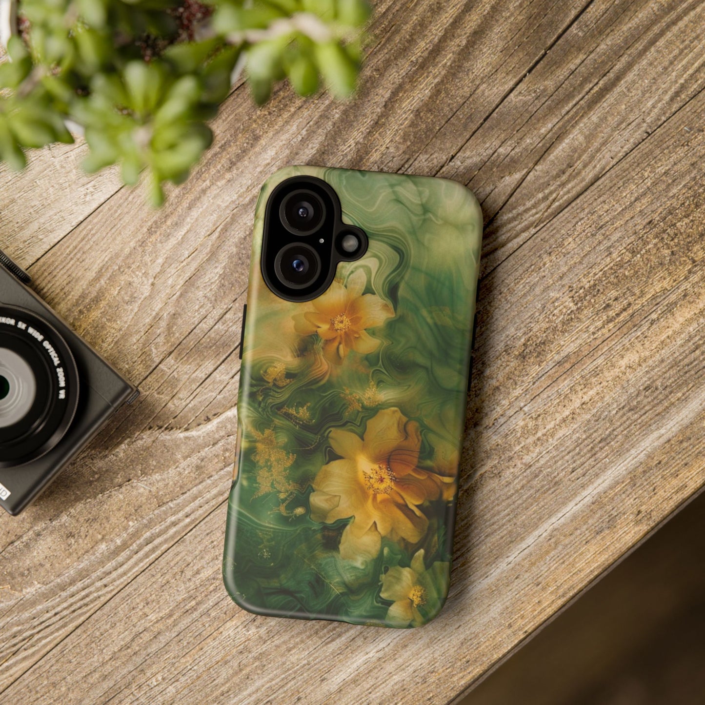 Floral Swirl Phone Case — Green & Gold Vintage Flower Design