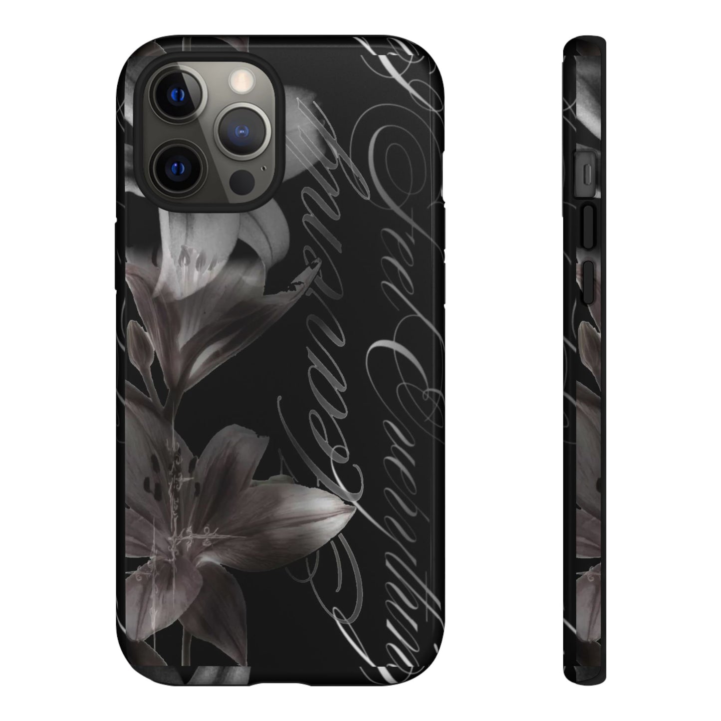Floral Script Tough Phone Case – Black Lily Protective Cover