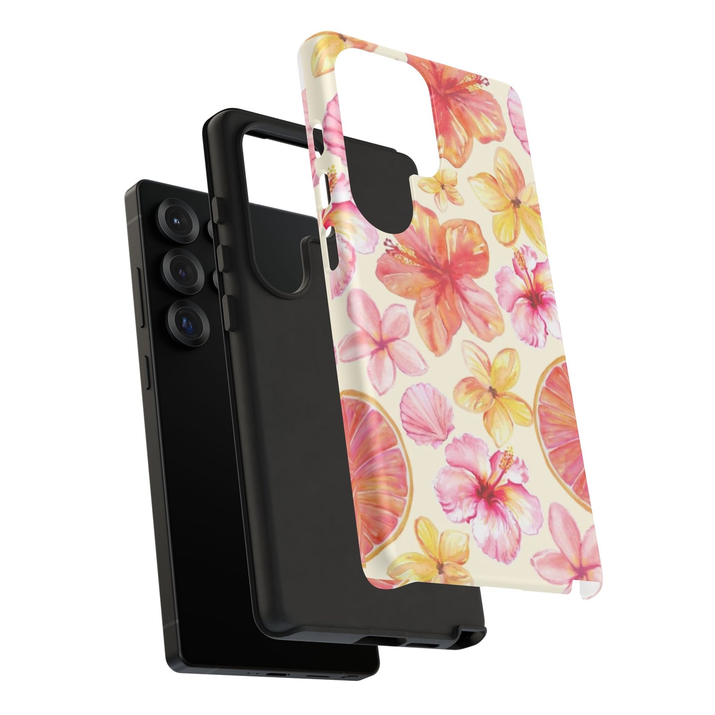 Tropical Hibiscus Tough Phone Case – Watercolor Floral & Citrus Protective Cover