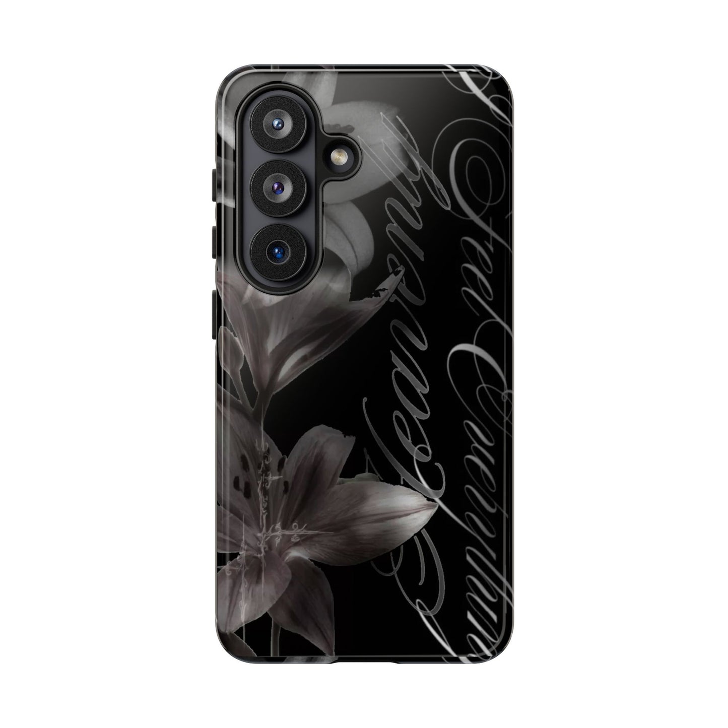 Floral Script Tough Phone Case – Black Lily Protective Cover