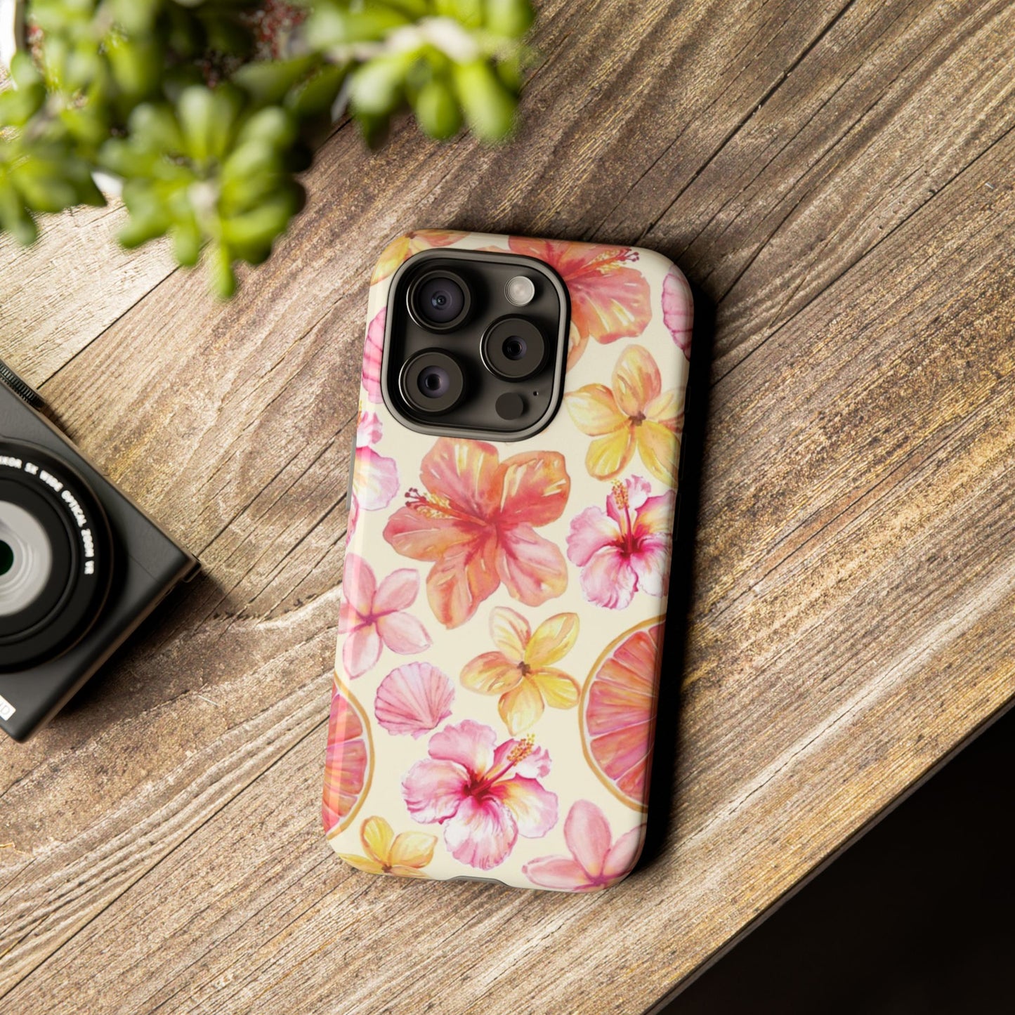 Tropical Hibiscus Tough Phone Case – Watercolor Floral & Citrus Protective Cover