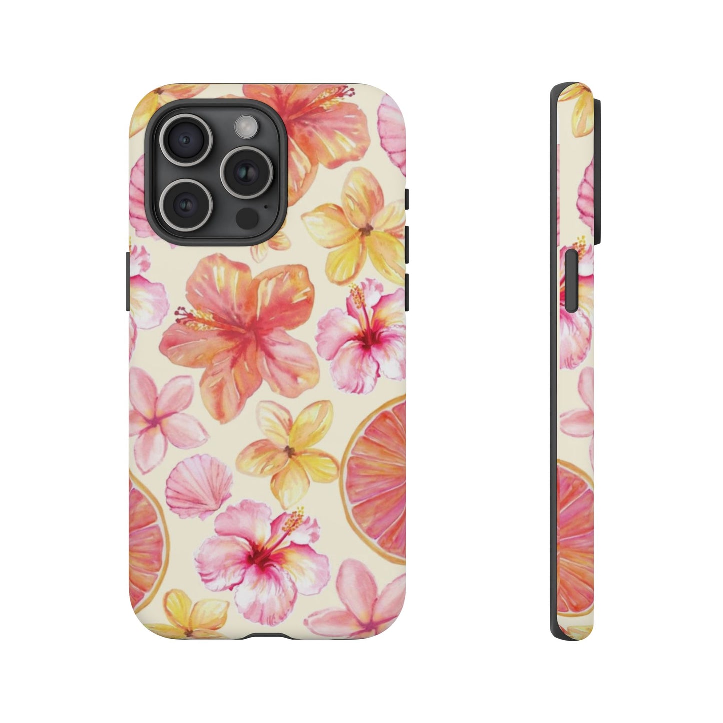 Tropical Hibiscus Tough Phone Case – Watercolor Floral & Citrus Protective Cover
