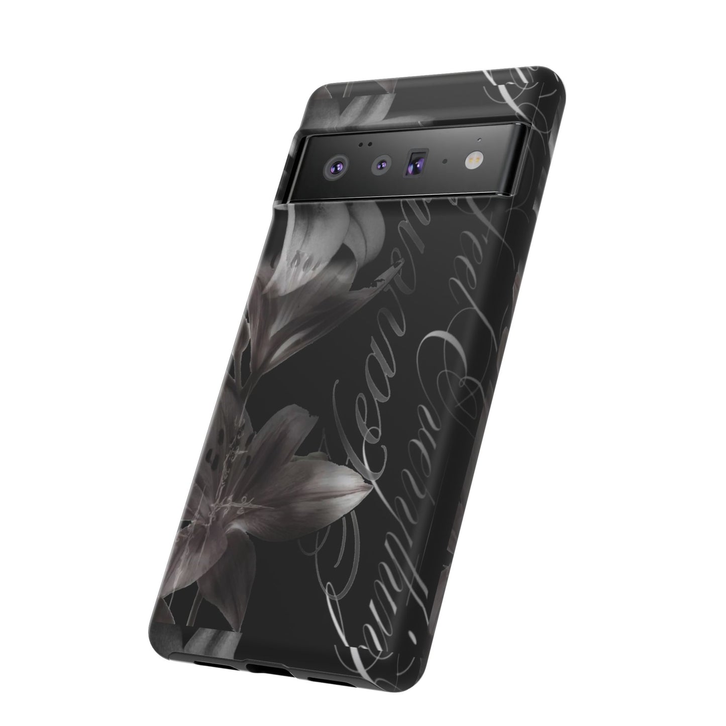 Floral Script Tough Phone Case – Black Lily Protective Cover