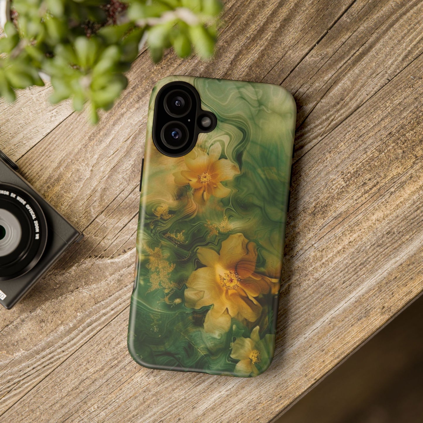 Floral Swirl Phone Case — Green & Gold Vintage Flower Design