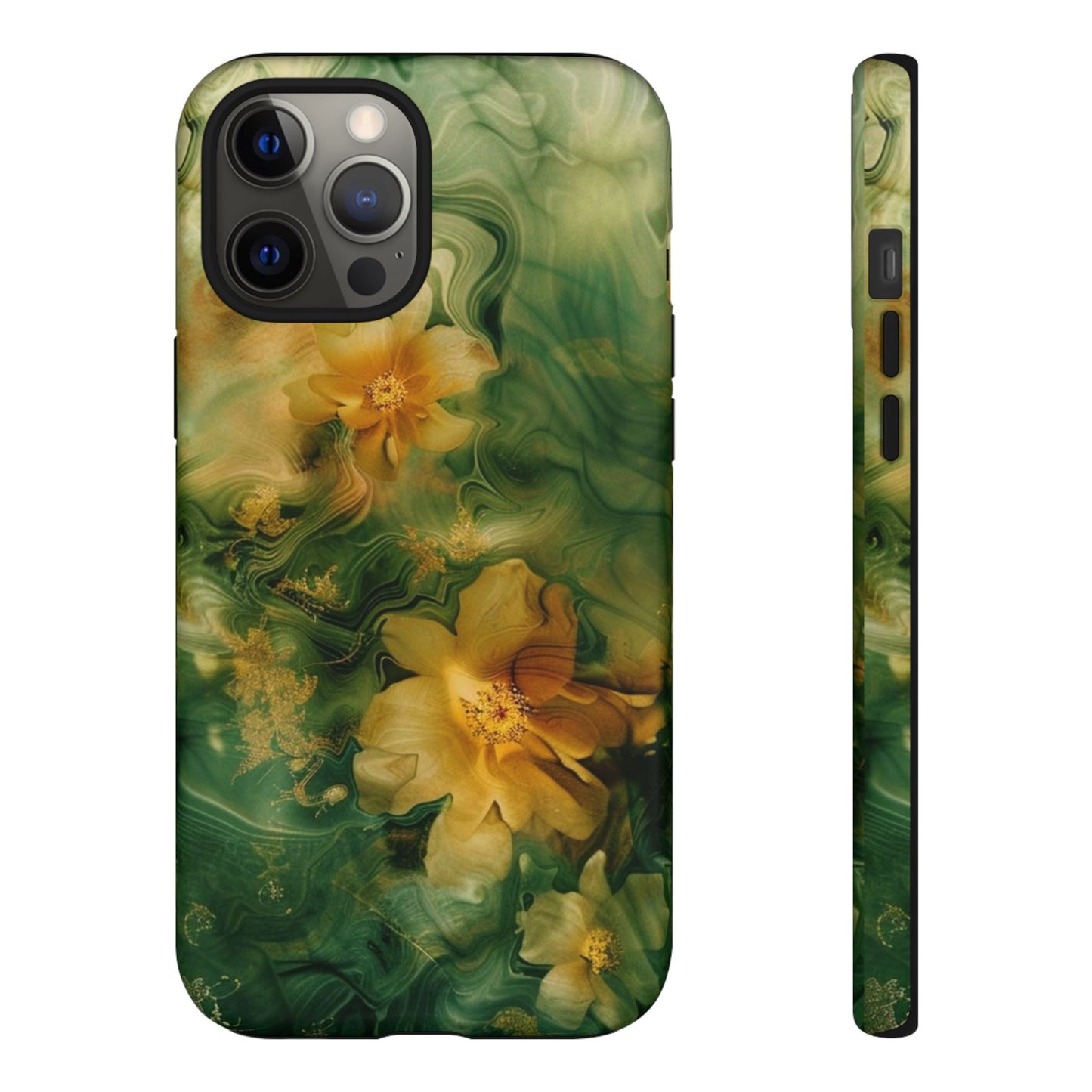 Floral Swirl Phone Case — Green & Gold Vintage Flower Design