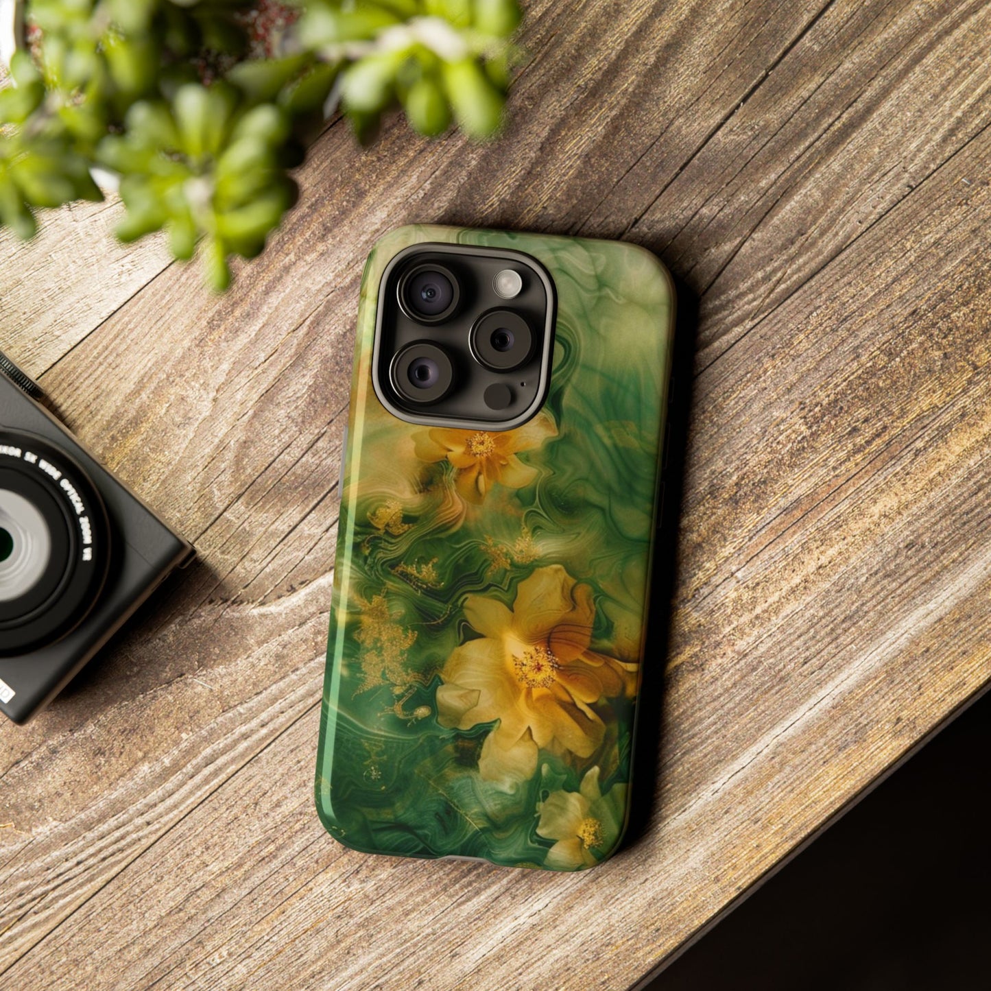 Floral Swirl Phone Case — Green & Gold Vintage Flower Design