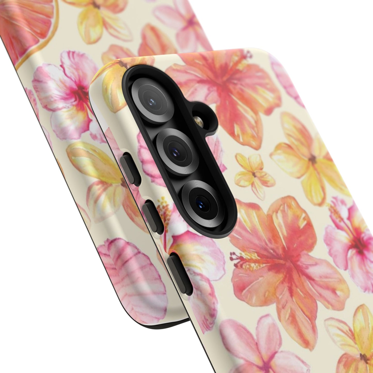 Tropical Hibiscus Tough Phone Case – Watercolor Floral & Citrus Protective Cover