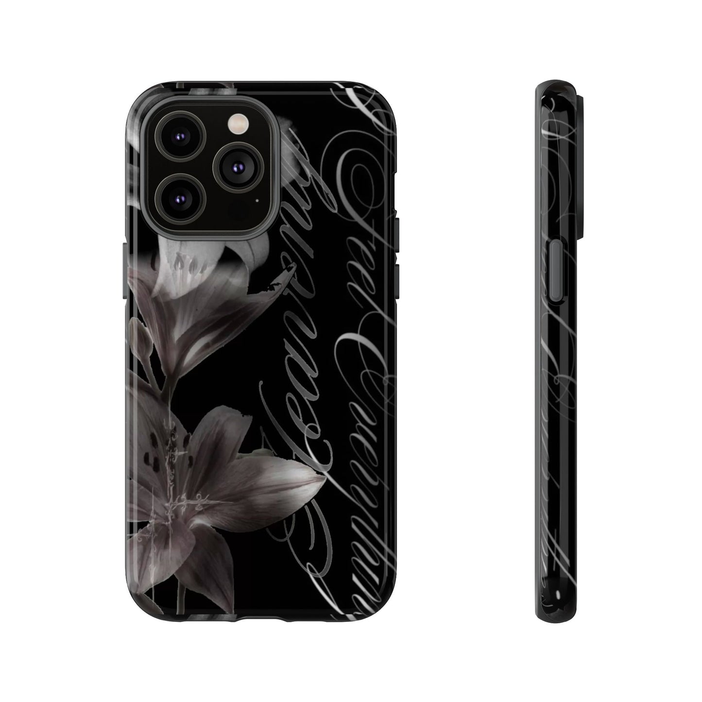 Floral Script Tough Phone Case – Black Lily Protective Cover