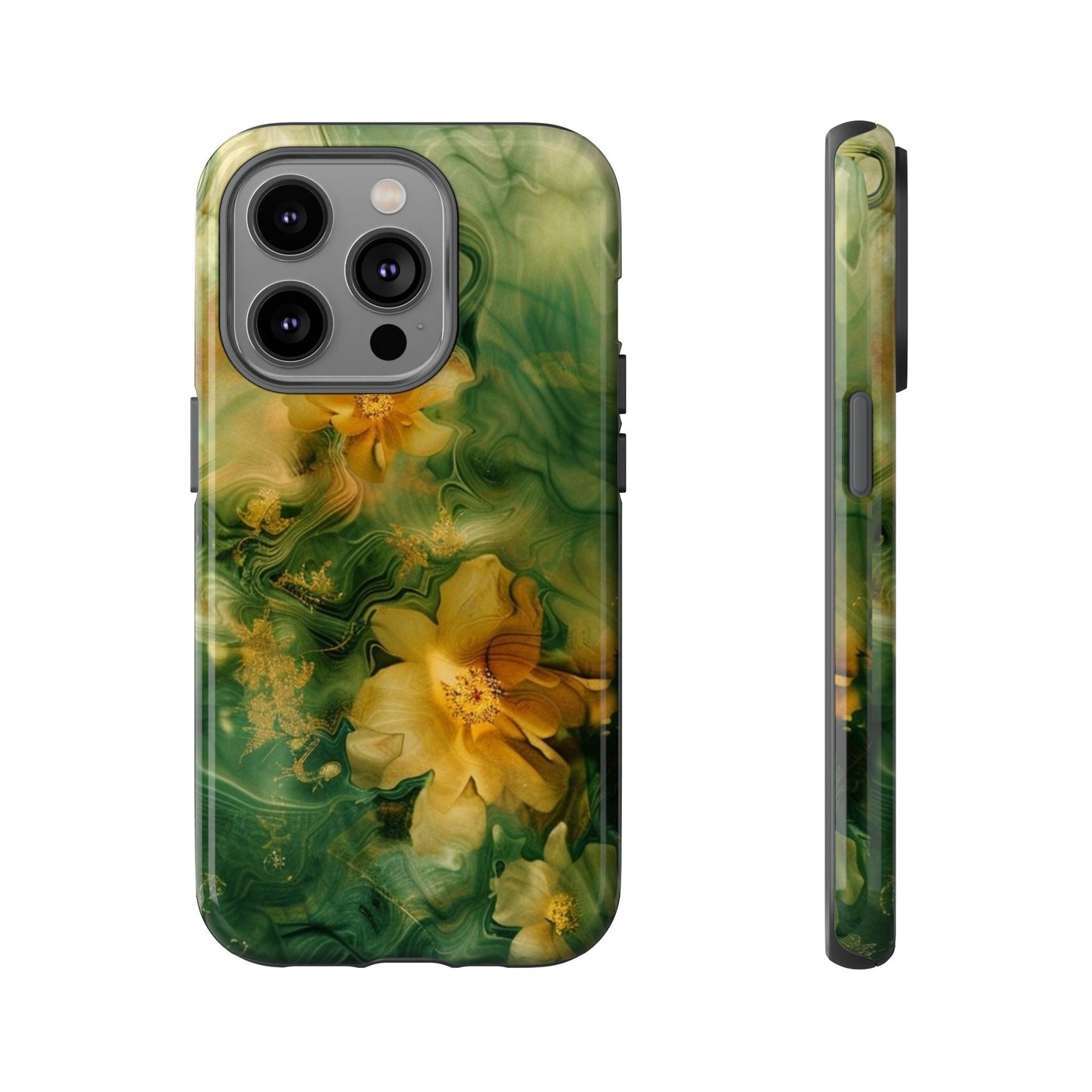 Floral Swirl Phone Case — Green & Gold Vintage Flower Design