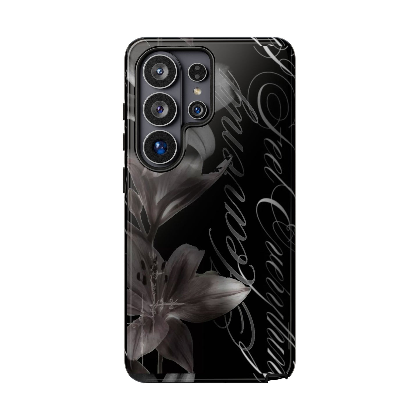 Floral Script Tough Phone Case – Black Lily Protective Cover