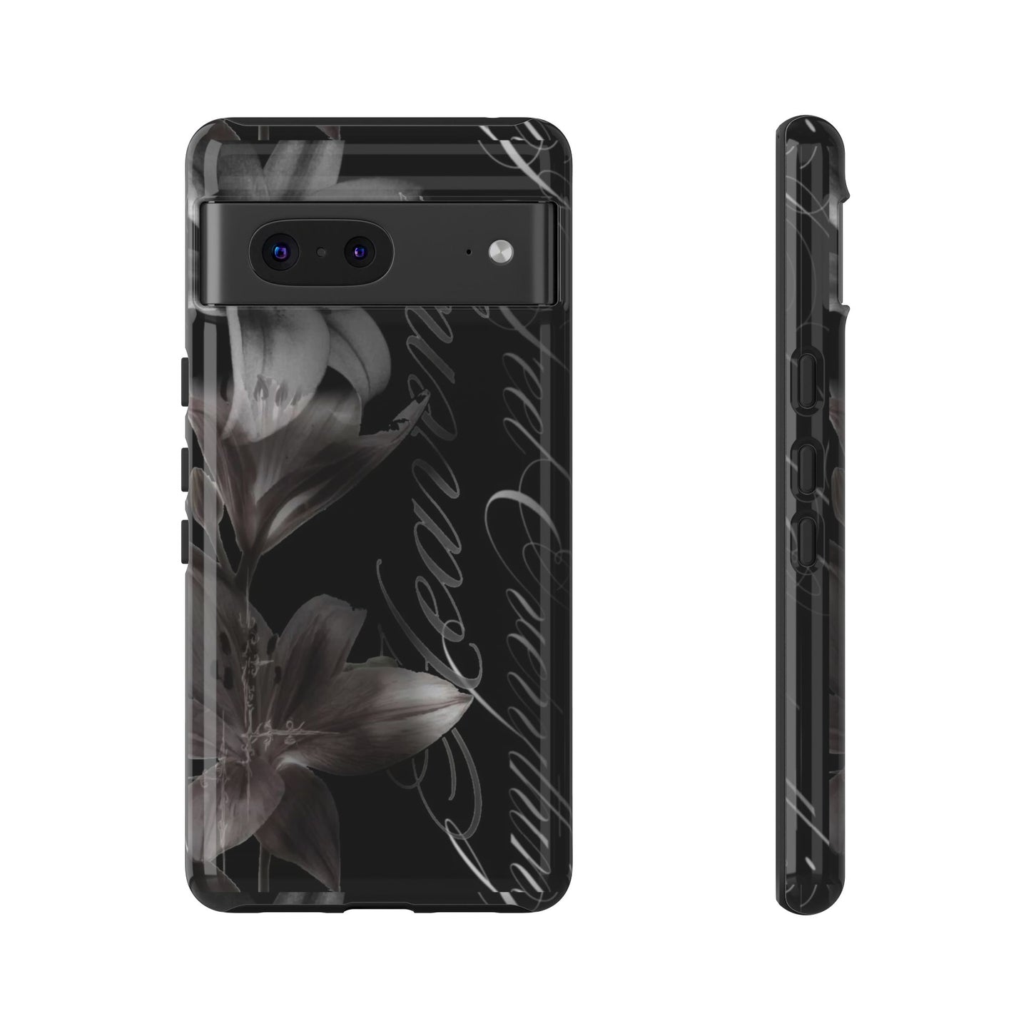 Floral Script Tough Phone Case – Black Lily Protective Cover