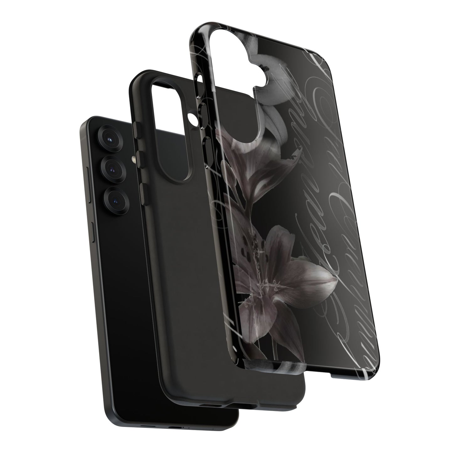 Floral Script Tough Phone Case – Black Lily Protective Cover