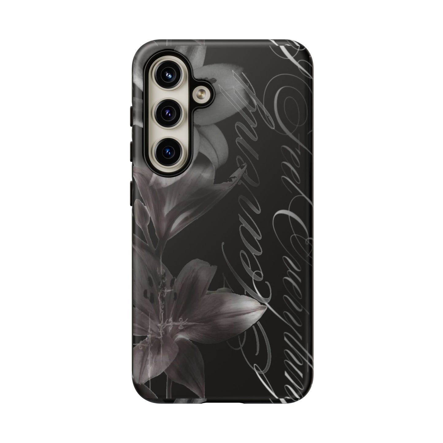 Floral Script Tough Phone Case – Black Lily Protective Cover