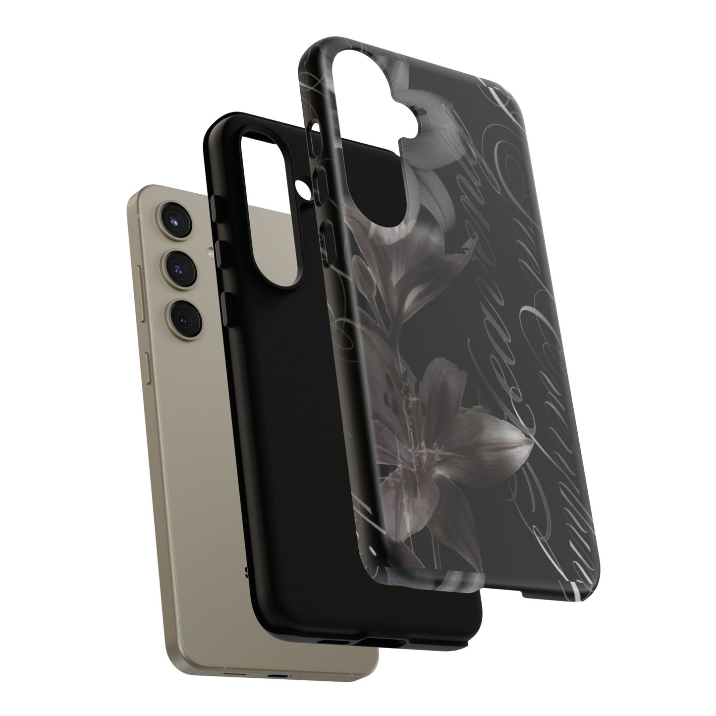 Floral Script Tough Phone Case – Black Lily Protective Cover