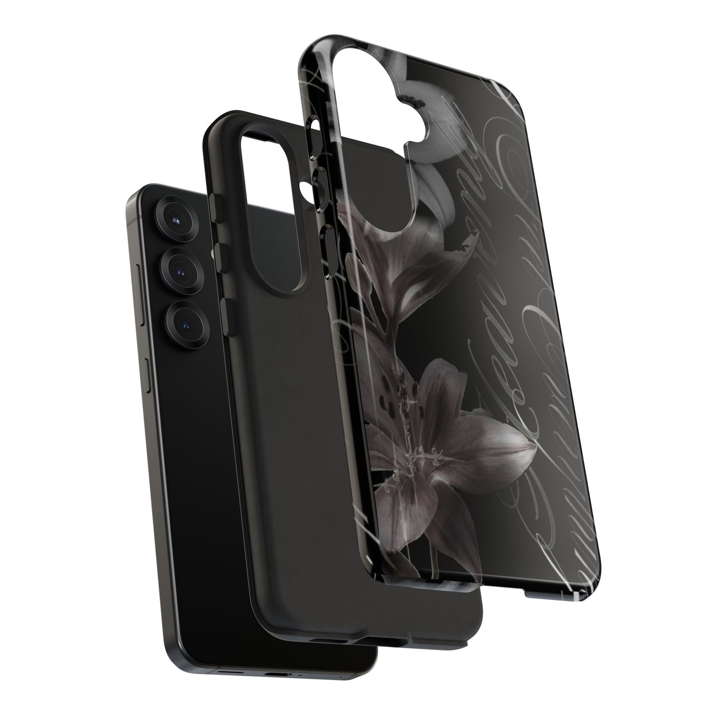 Floral Script Tough Phone Case – Black Lily Protective Cover