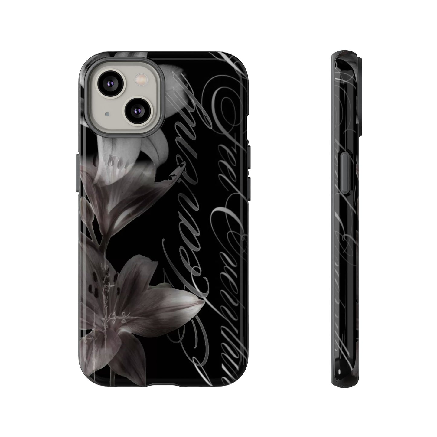 Floral Script Tough Phone Case – Black Lily Protective Cover