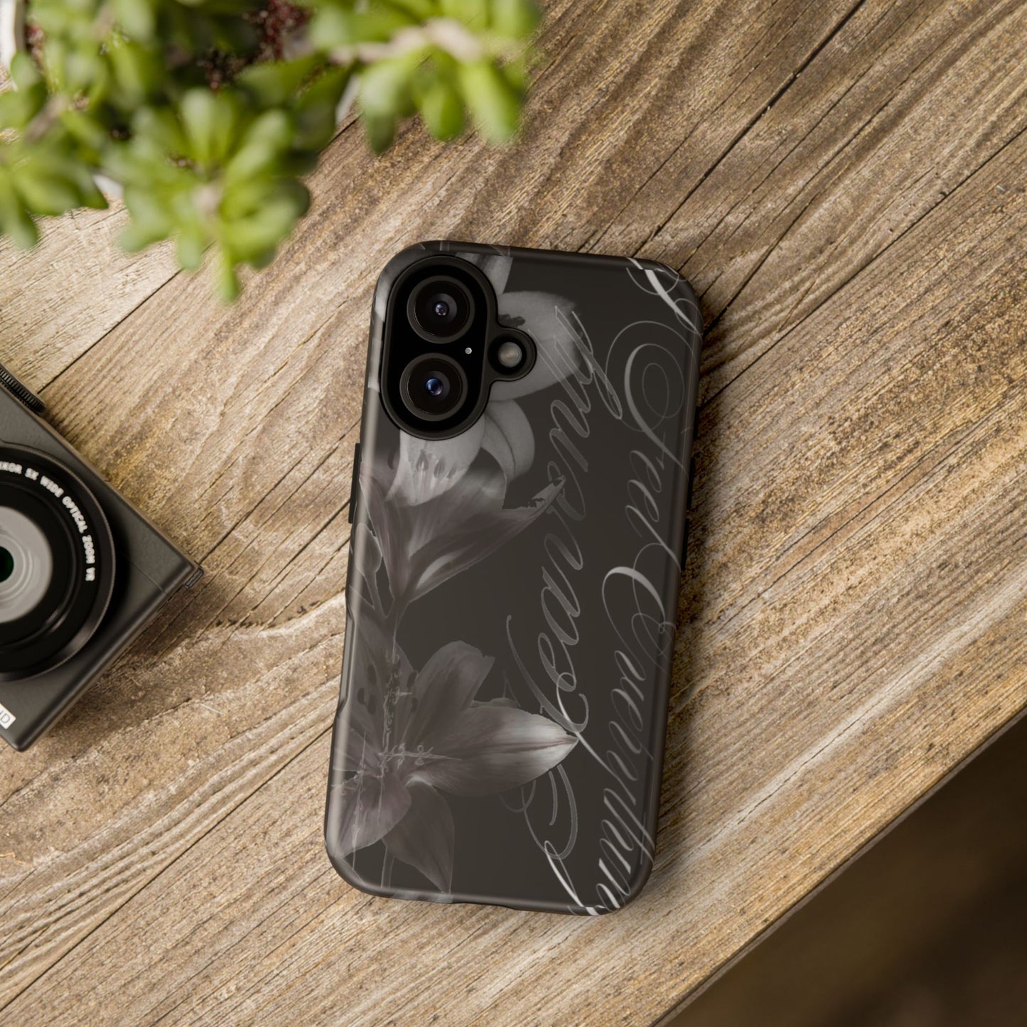 Floral Script Tough Phone Case – Black Lily Protective Cover