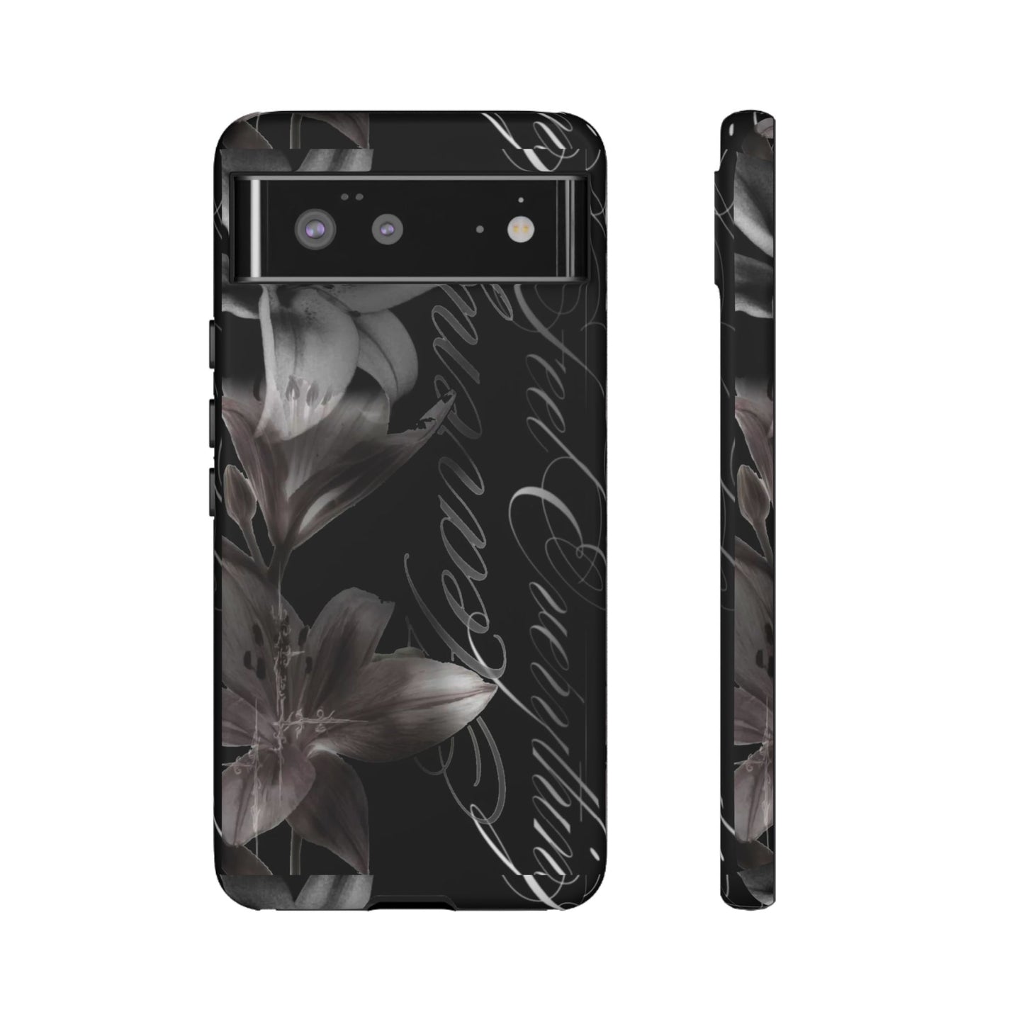 Floral Script Tough Phone Case – Black Lily Protective Cover