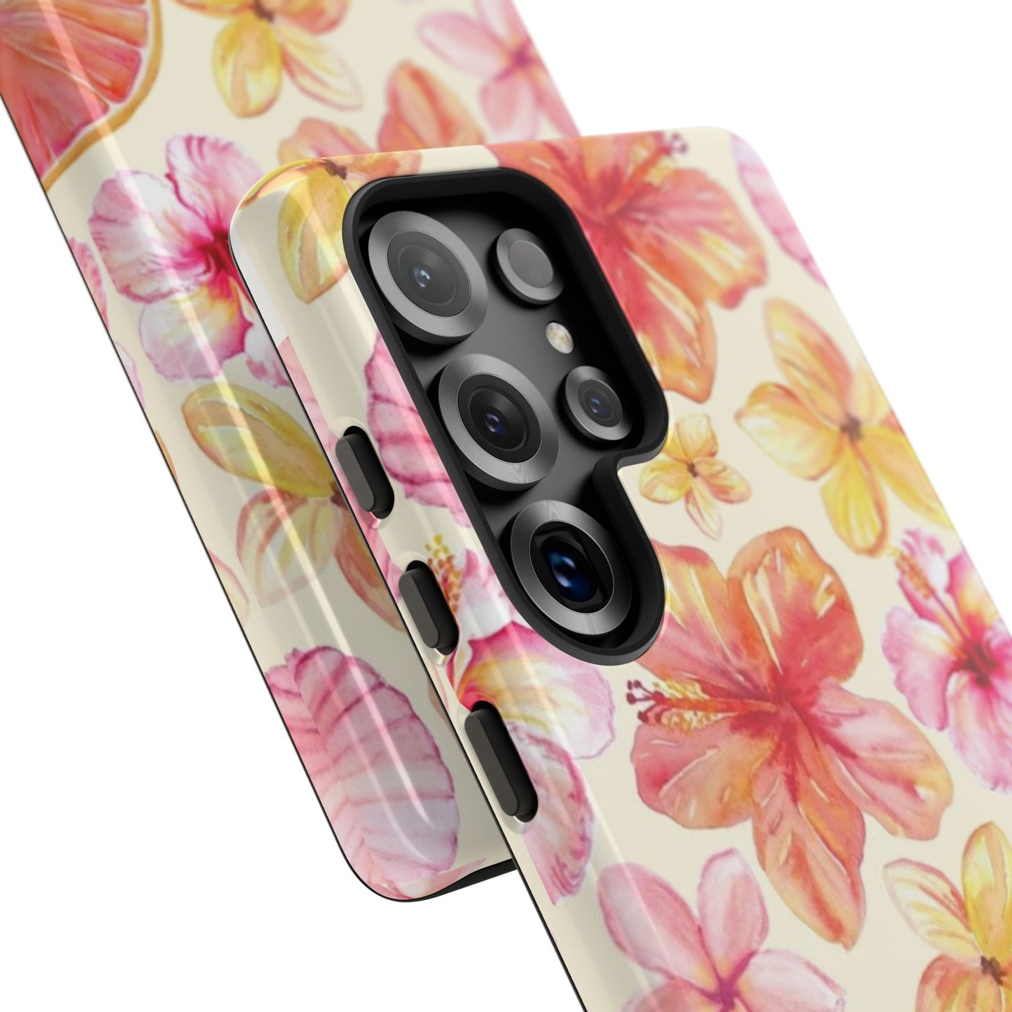 Tropical Hibiscus Tough Phone Case – Watercolor Floral & Citrus Protective Cover