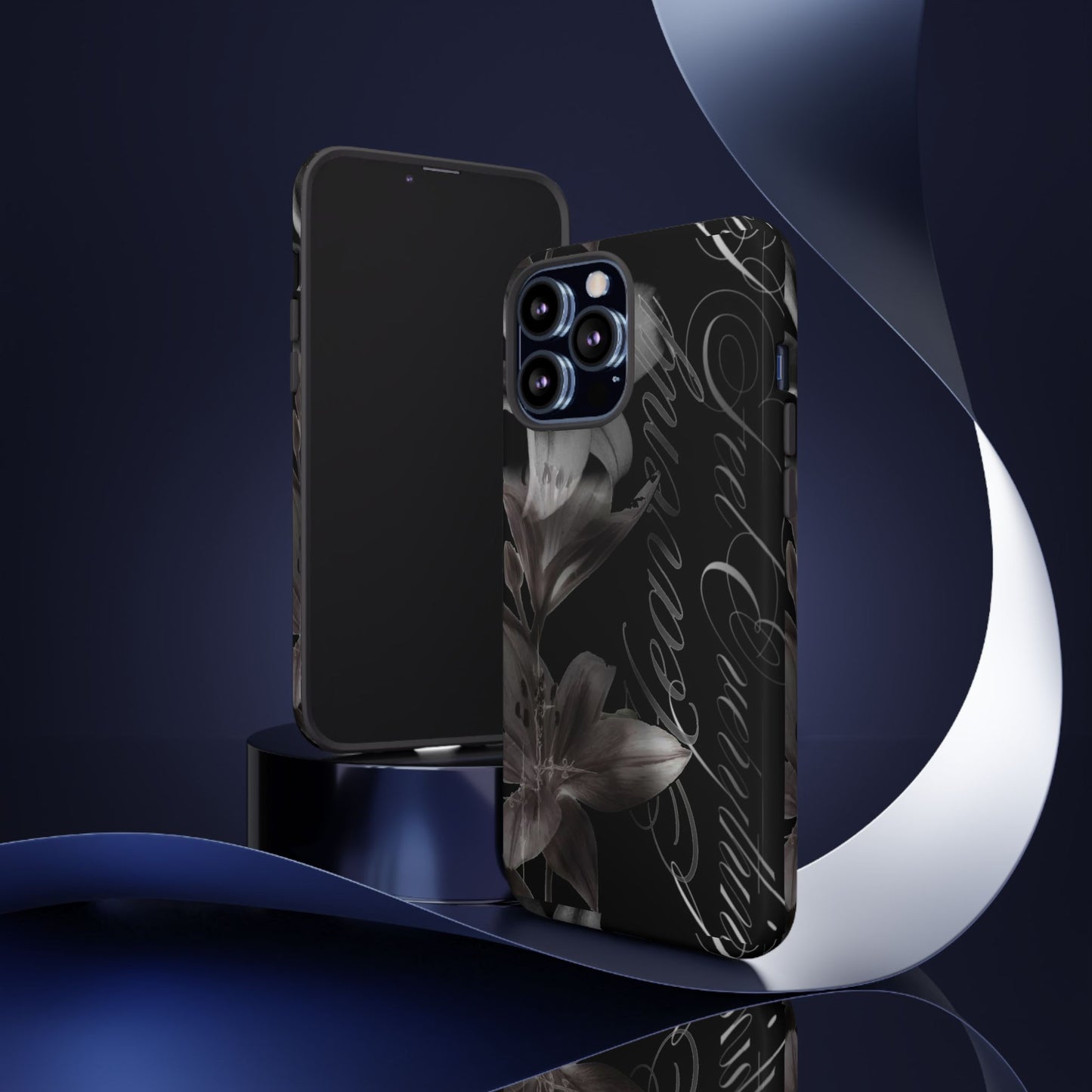 Floral Script Tough Phone Case – Black Lily Protective Cover