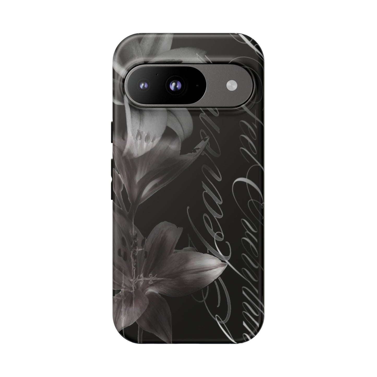 Floral Script Tough Phone Case – Black Lily Protective Cover