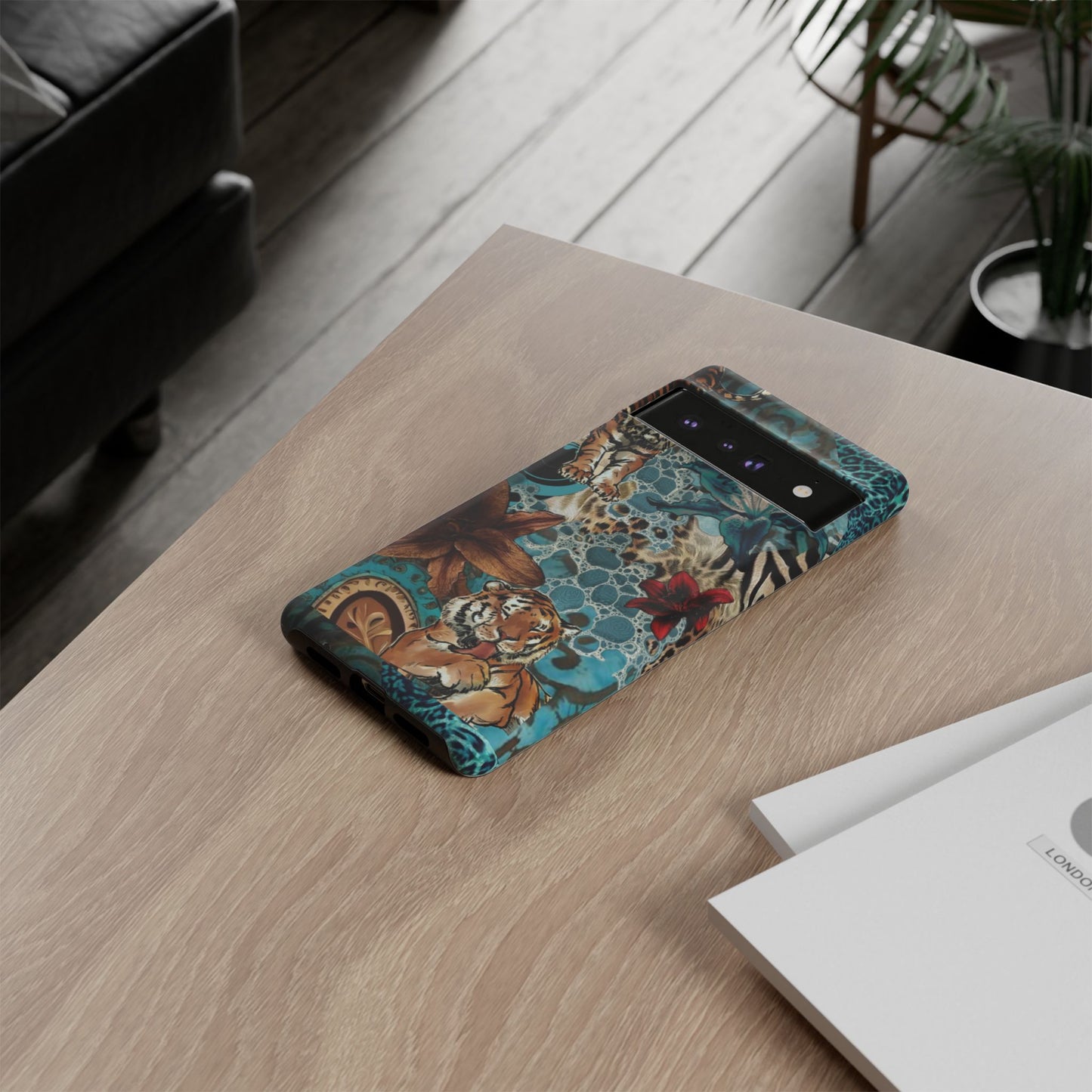 Floral Tiger Phone Case - Teal Safari Protective Cover