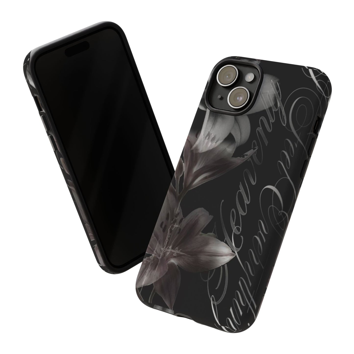 Floral Script Tough Phone Case – Black Lily Protective Cover