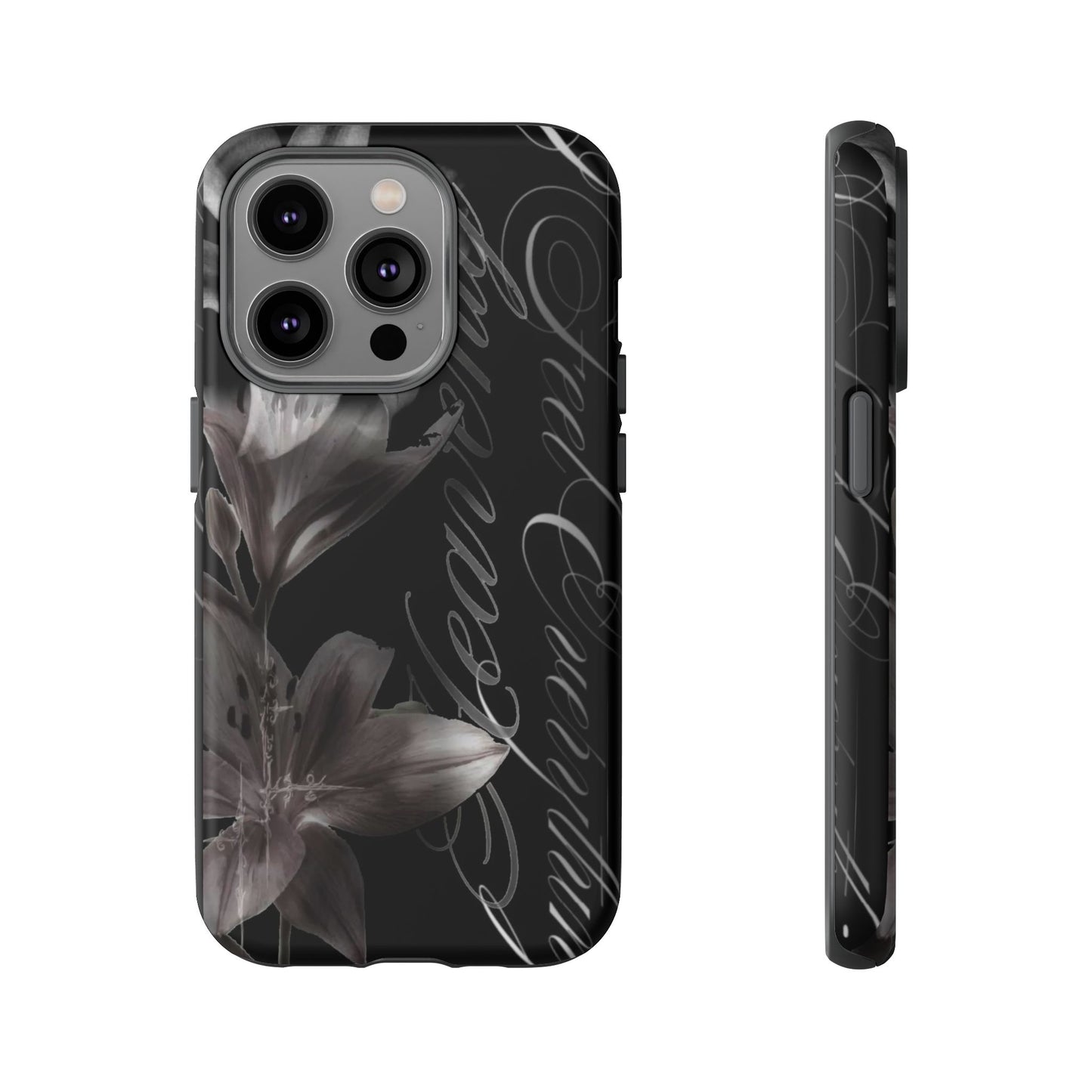 Floral Script Tough Phone Case – Black Lily Protective Cover