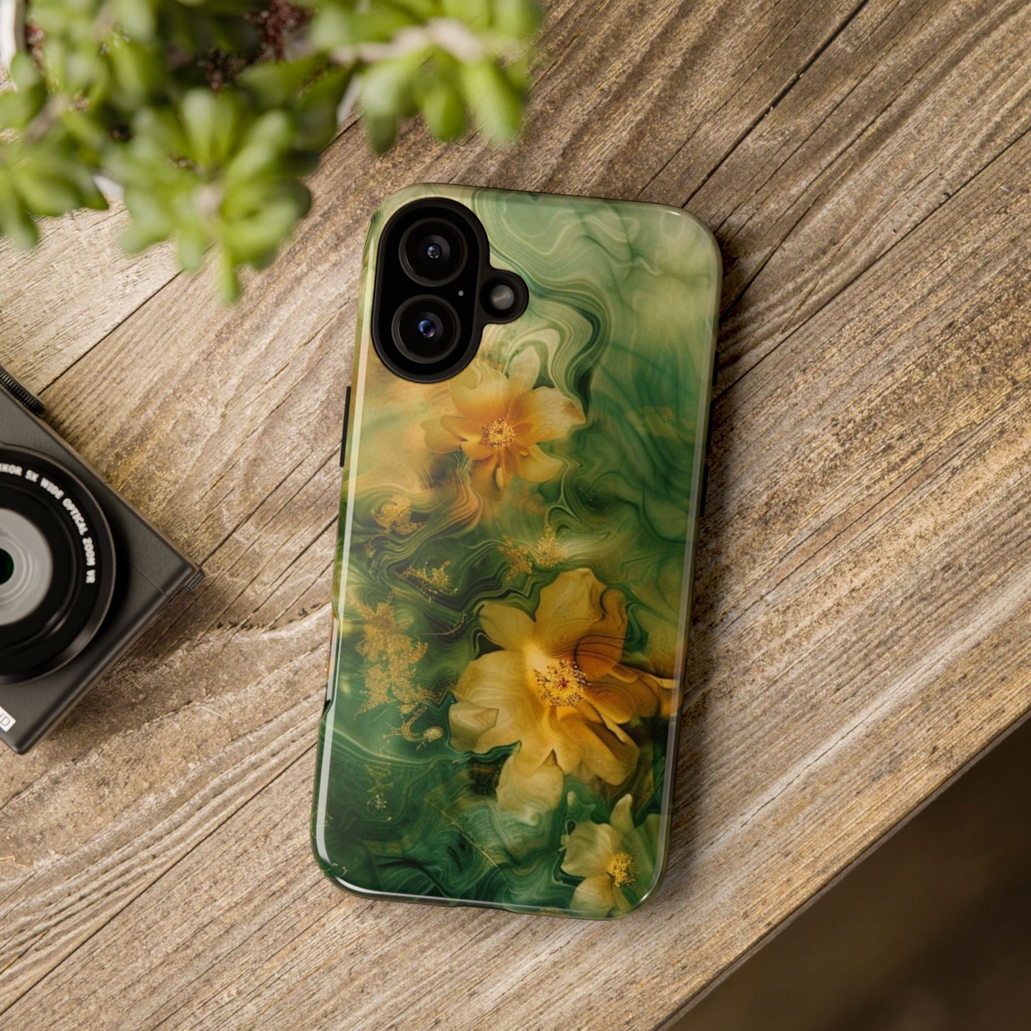 Floral Swirl Phone Case — Green & Gold Vintage Flower Design