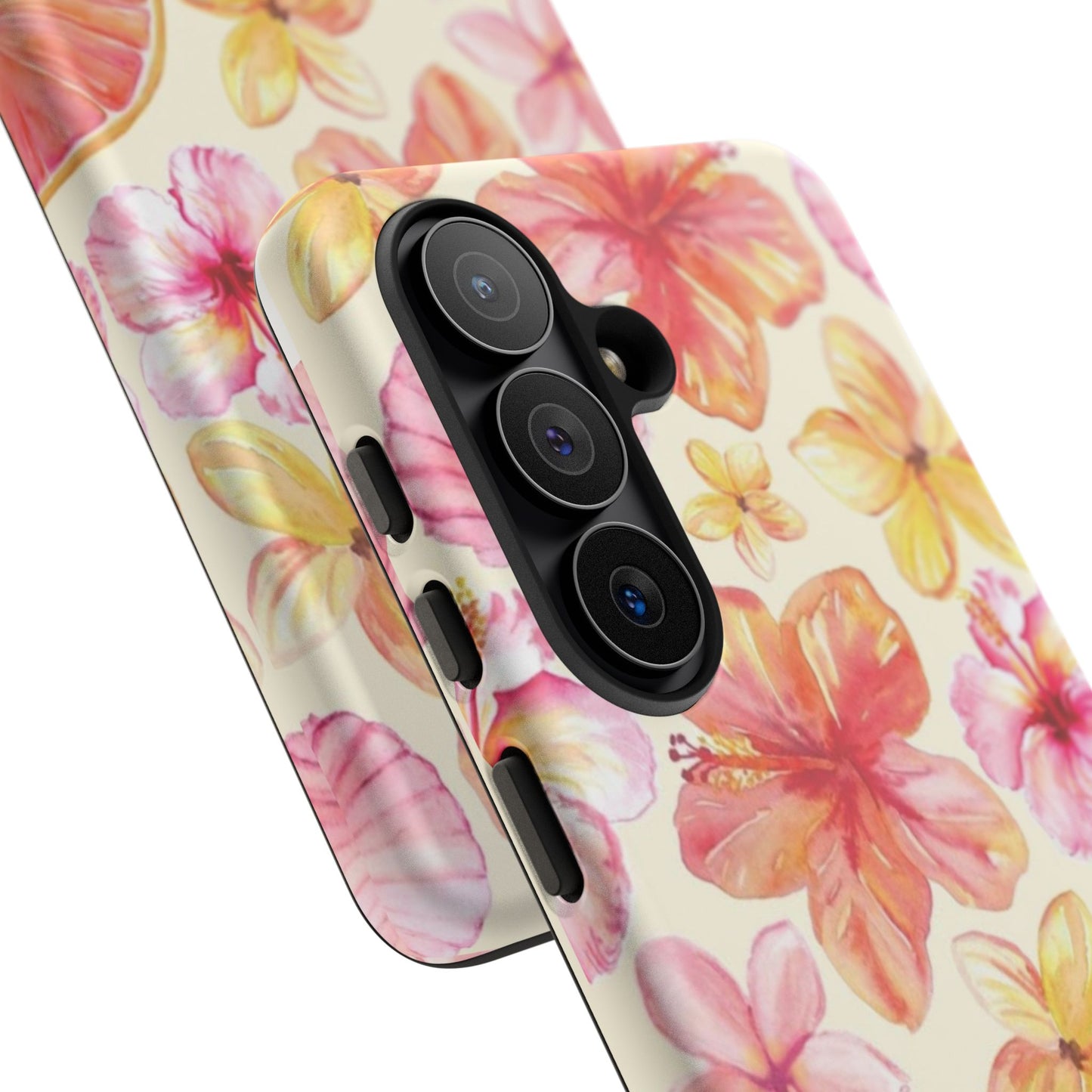 Tropical Hibiscus Tough Phone Case – Watercolor Floral & Citrus Protective Cover