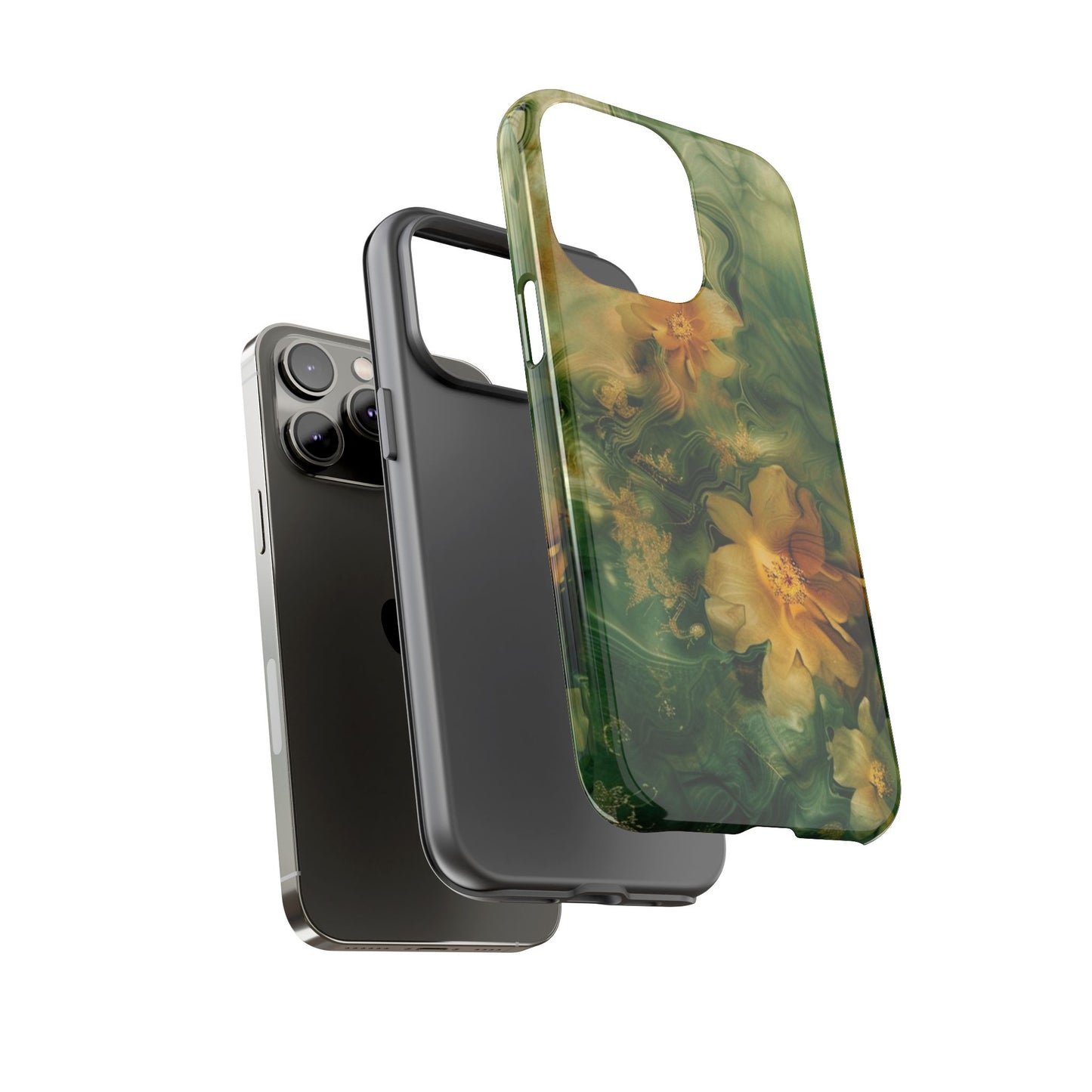 Floral Swirl Phone Case — Green & Gold Vintage Flower Design