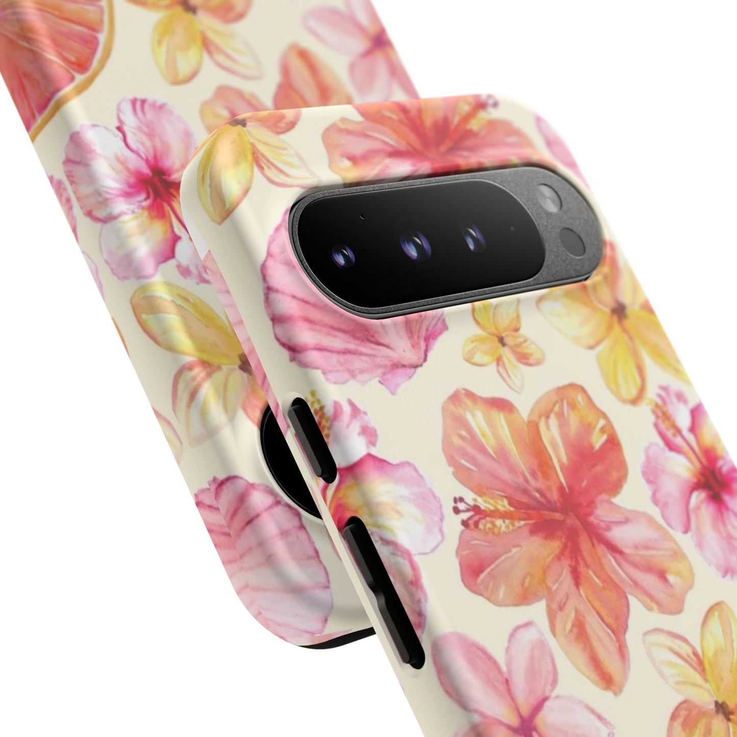 Tropical Hibiscus Tough Phone Case – Watercolor Floral & Citrus Protective Cover