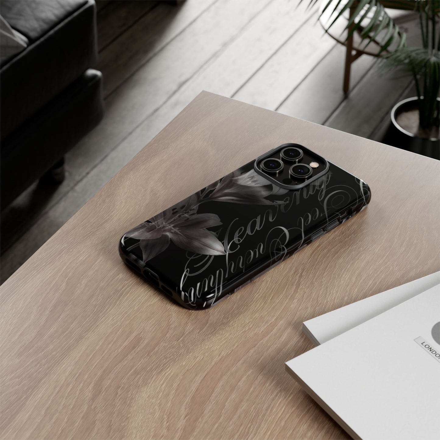 Floral Script Tough Phone Case – Black Lily Protective Cover