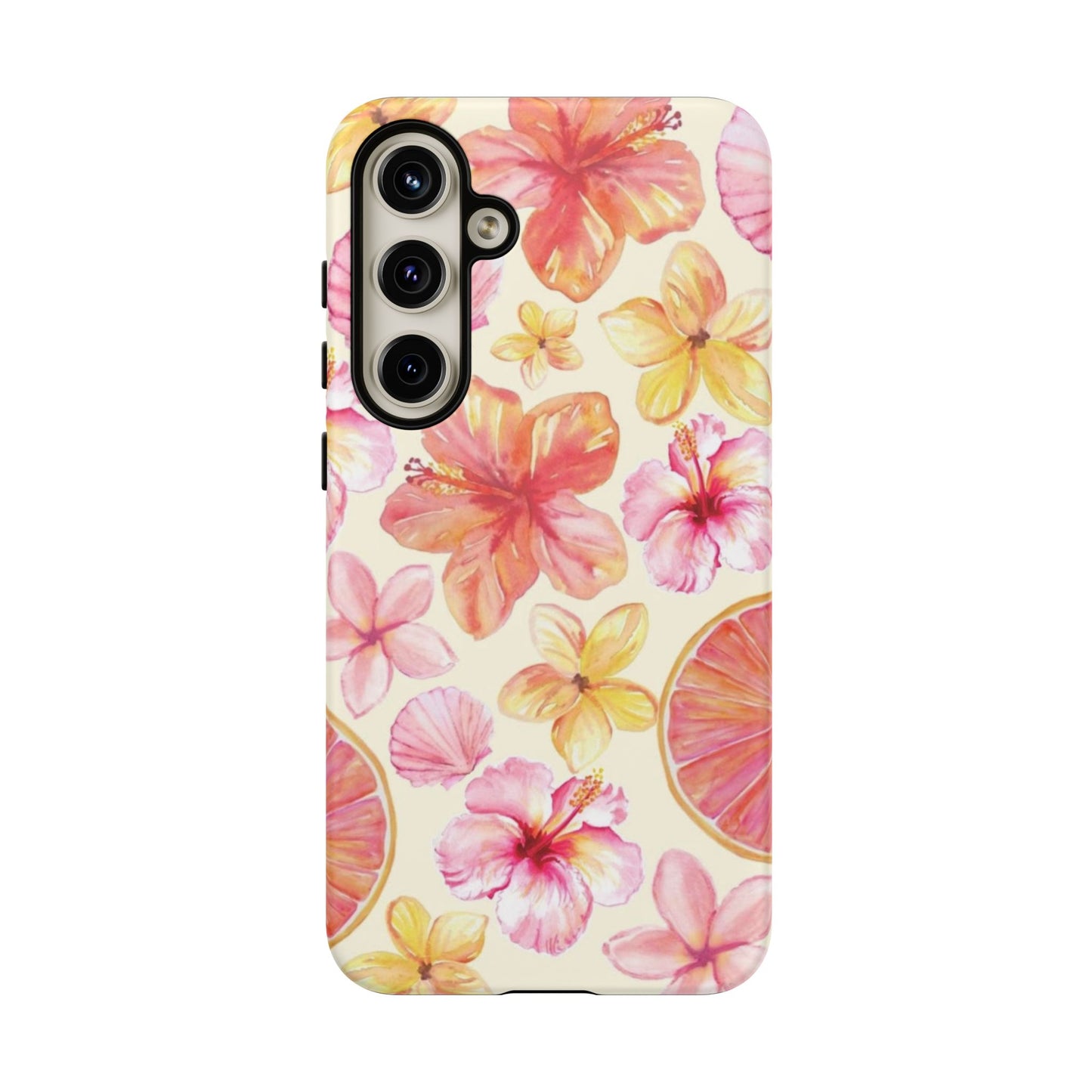 Tropical Hibiscus Tough Phone Case – Watercolor Floral & Citrus Protective Cover