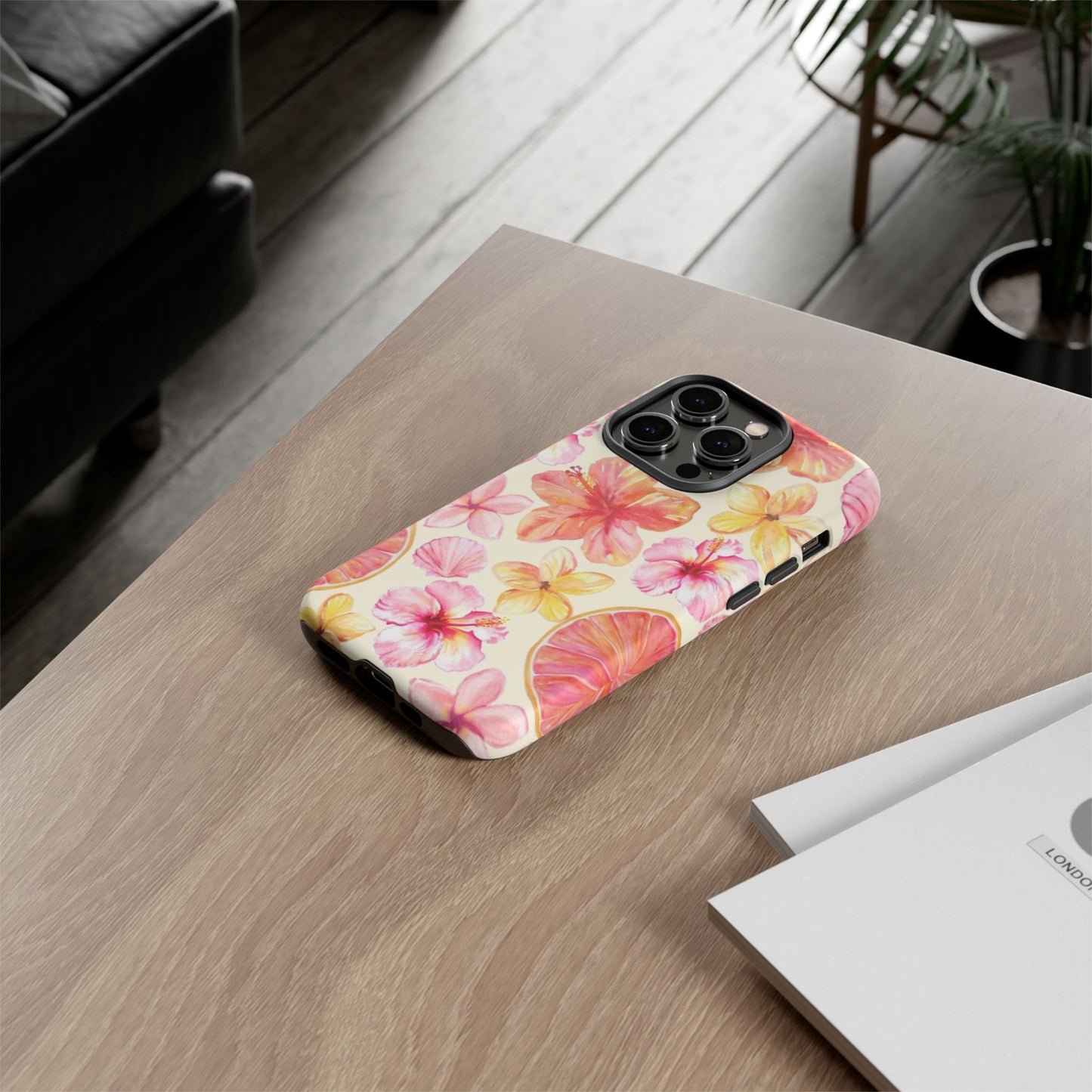 Tropical Hibiscus Tough Phone Case – Watercolor Floral & Citrus Protective Cover