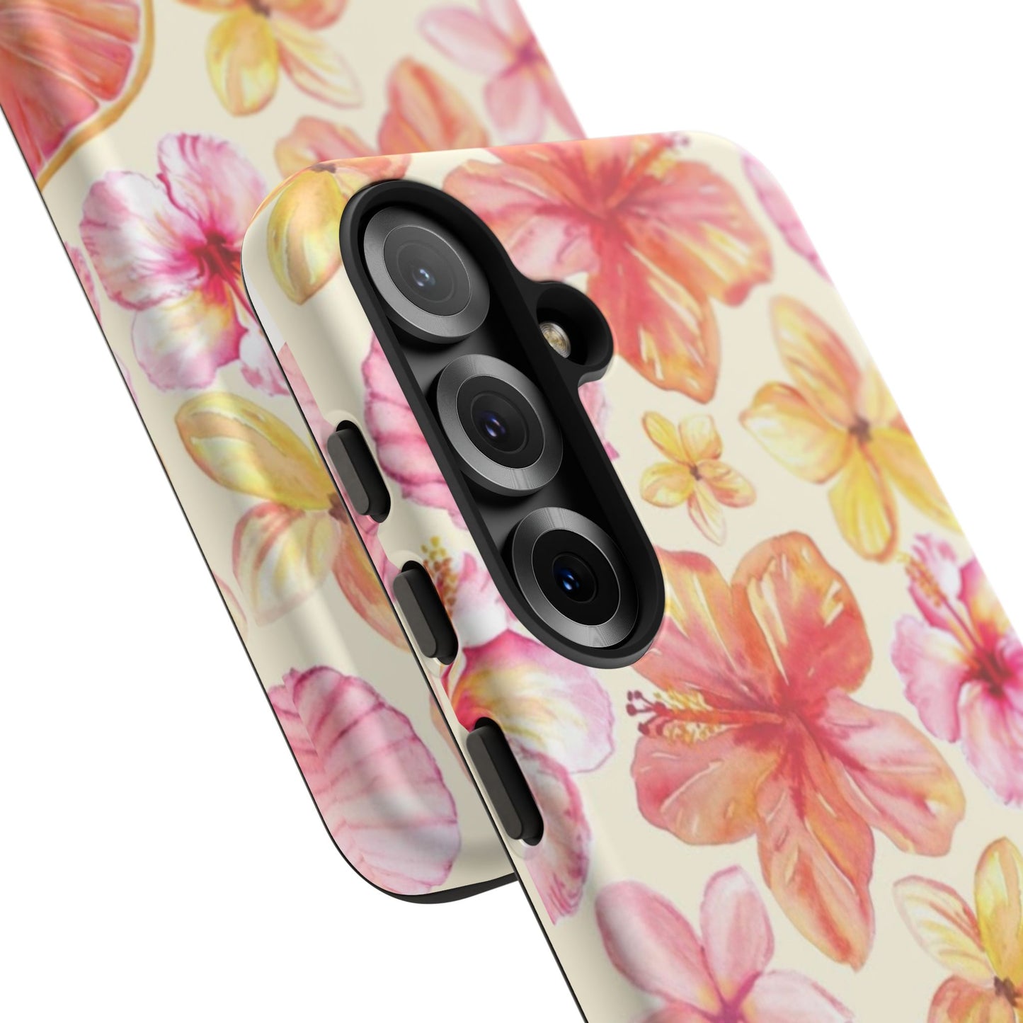 Tropical Hibiscus Tough Phone Case – Watercolor Floral & Citrus Protective Cover