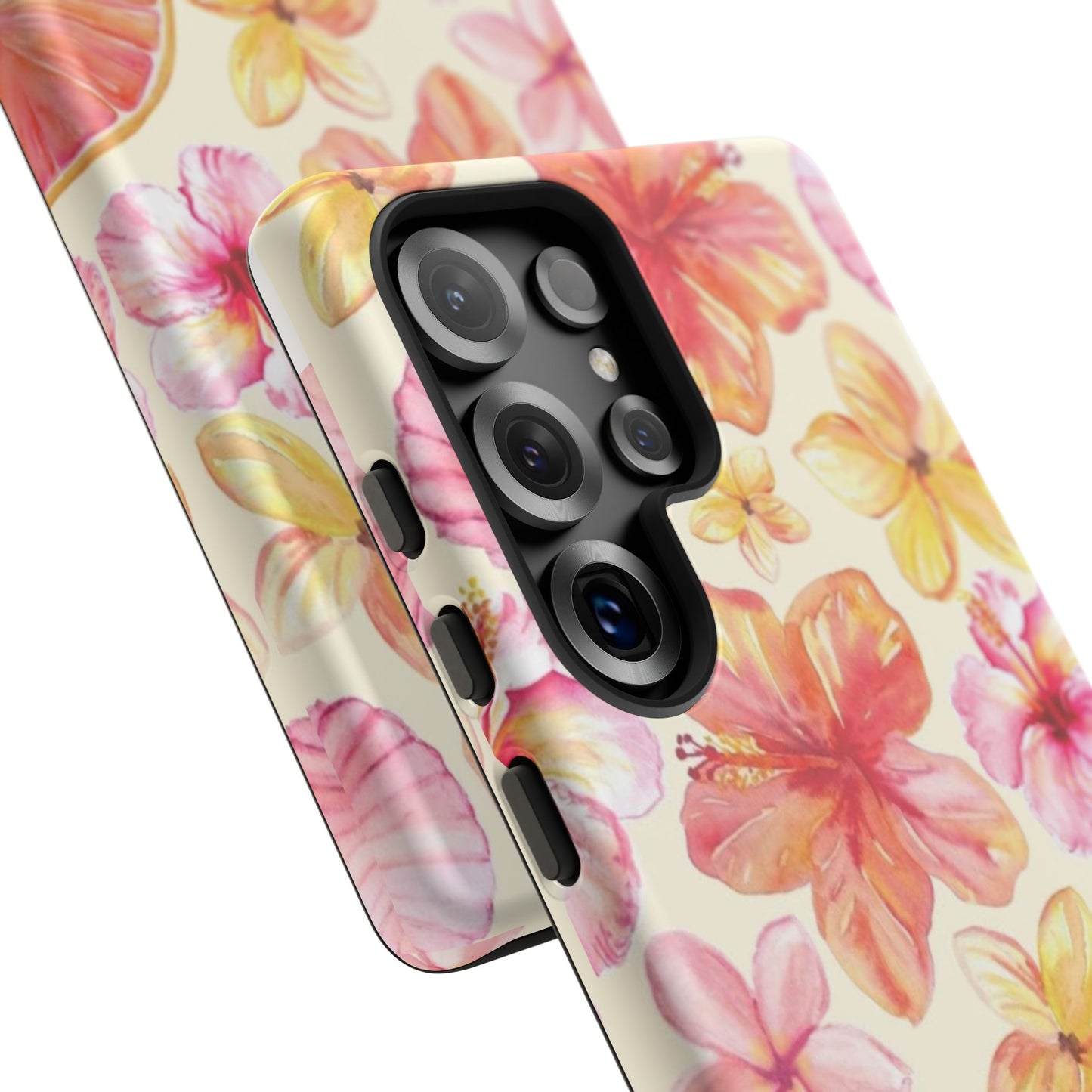 Tropical Hibiscus Tough Phone Case – Watercolor Floral & Citrus Protective Cover