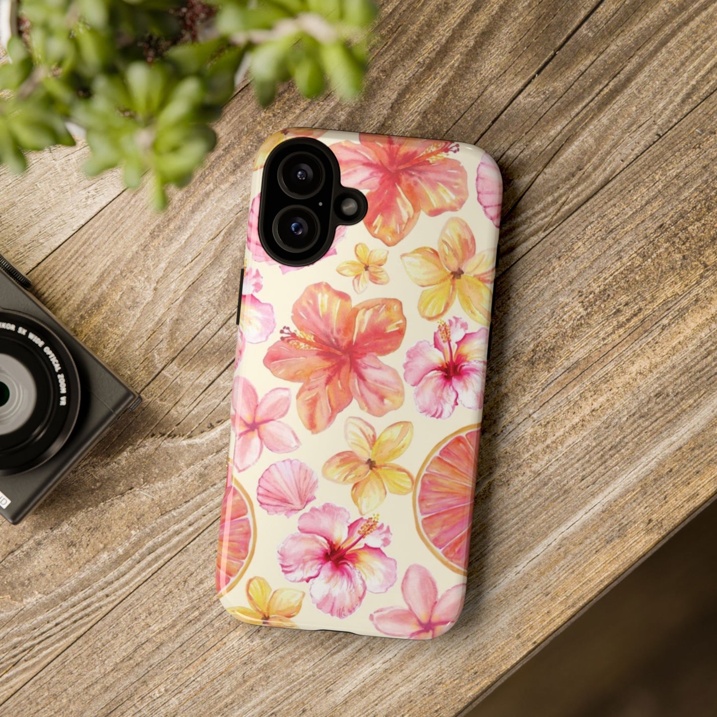 Tropical Hibiscus Tough Phone Case – Watercolor Floral & Citrus Protective Cover