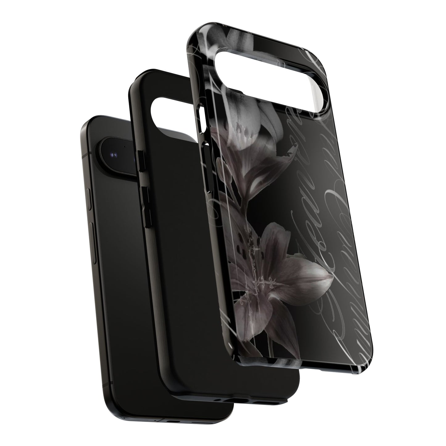 Floral Script Tough Phone Case – Black Lily Protective Cover