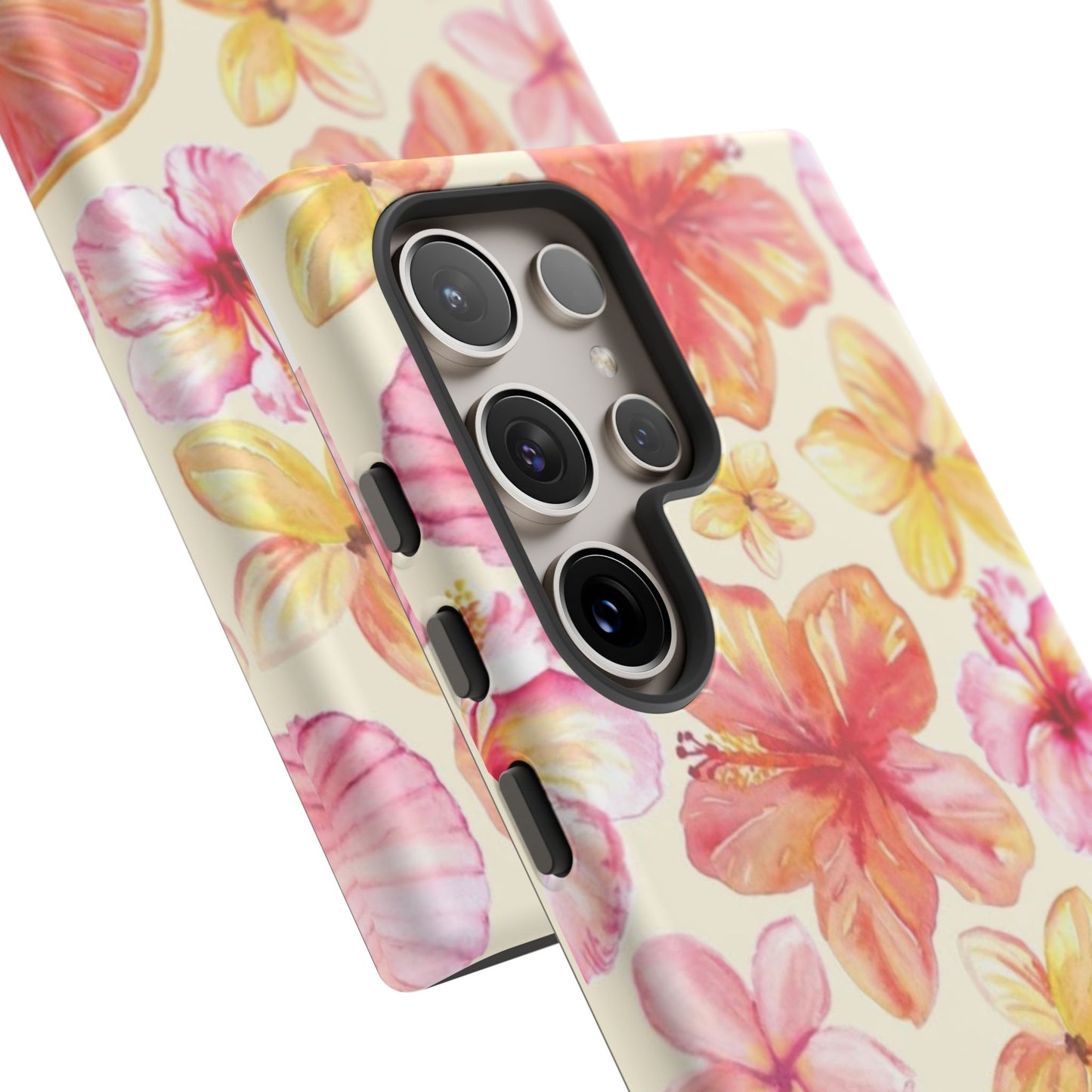 Tropical Hibiscus Tough Phone Case – Watercolor Floral & Citrus Protective Cover