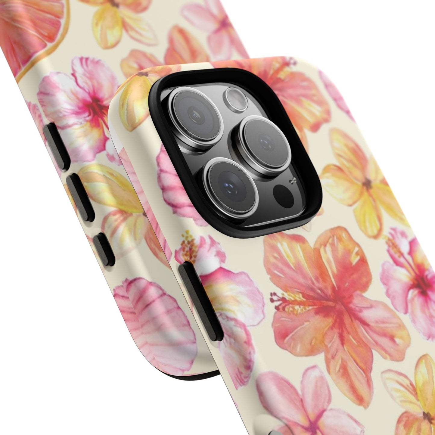 Tropical Hibiscus Tough Phone Case – Watercolor Floral & Citrus Protective Cover
