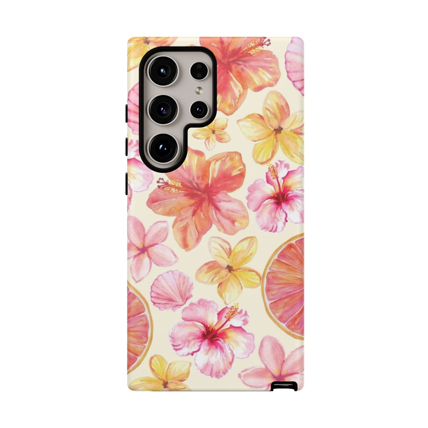 Tropical Hibiscus Tough Phone Case – Watercolor Floral & Citrus Protective Cover
