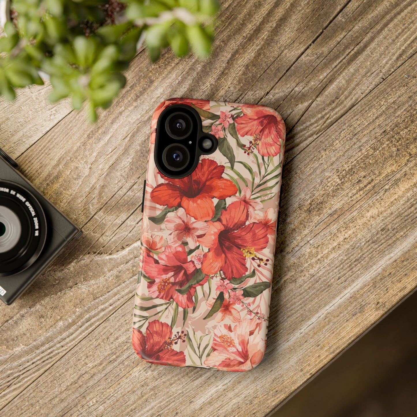 Floral Hibiscus Tough Phone Case — Tropical Red Blossom Protective Cover