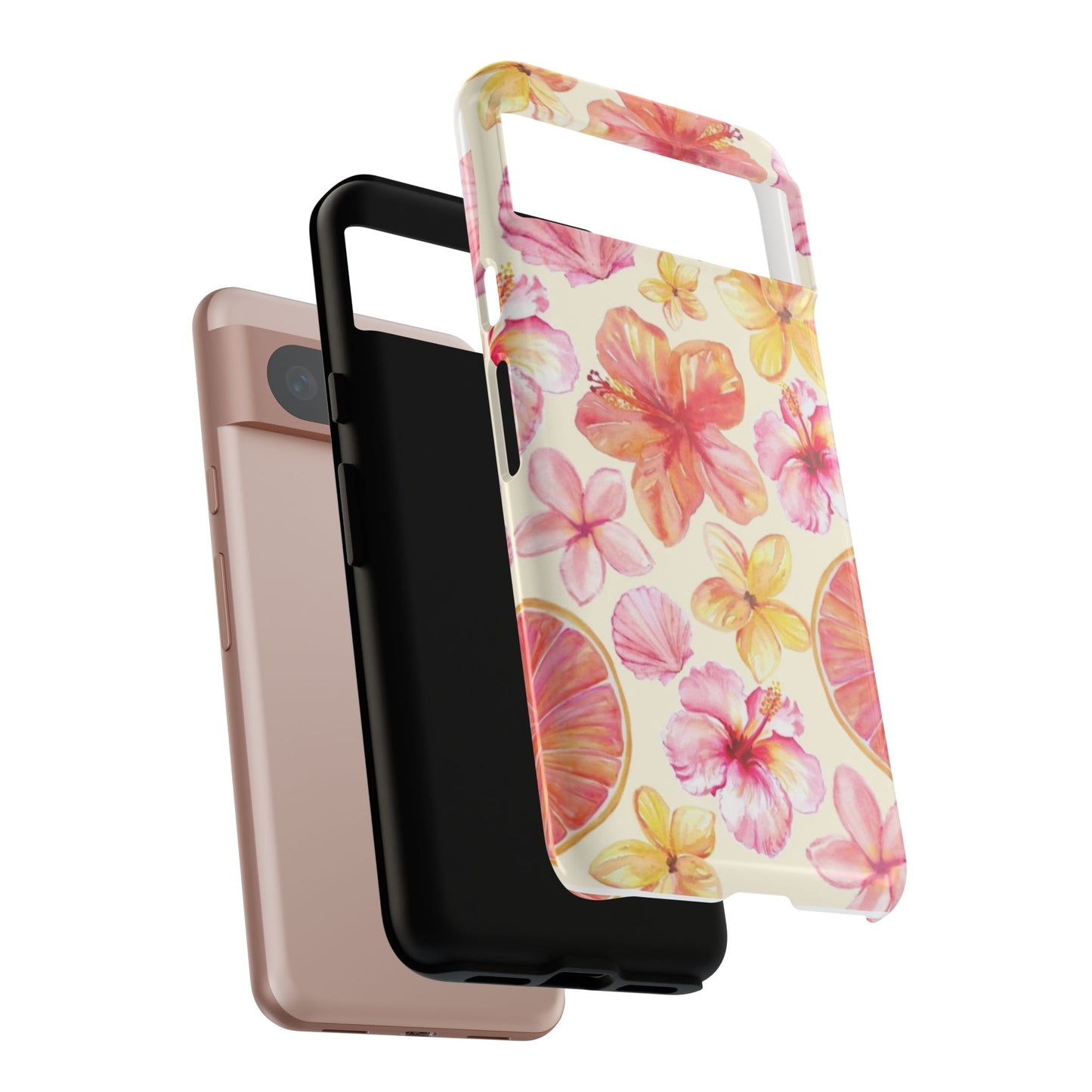 Tropical Hibiscus Tough Phone Case – Watercolor Floral & Citrus Protective Cover