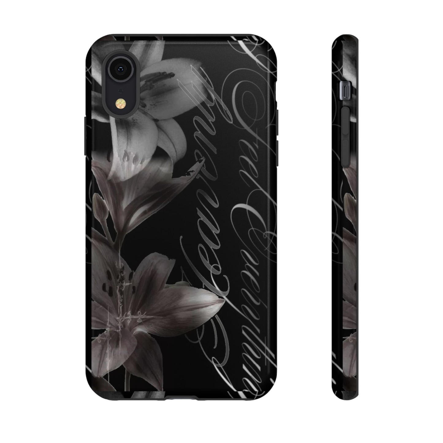 Floral Script Tough Phone Case – Black Lily Protective Cover